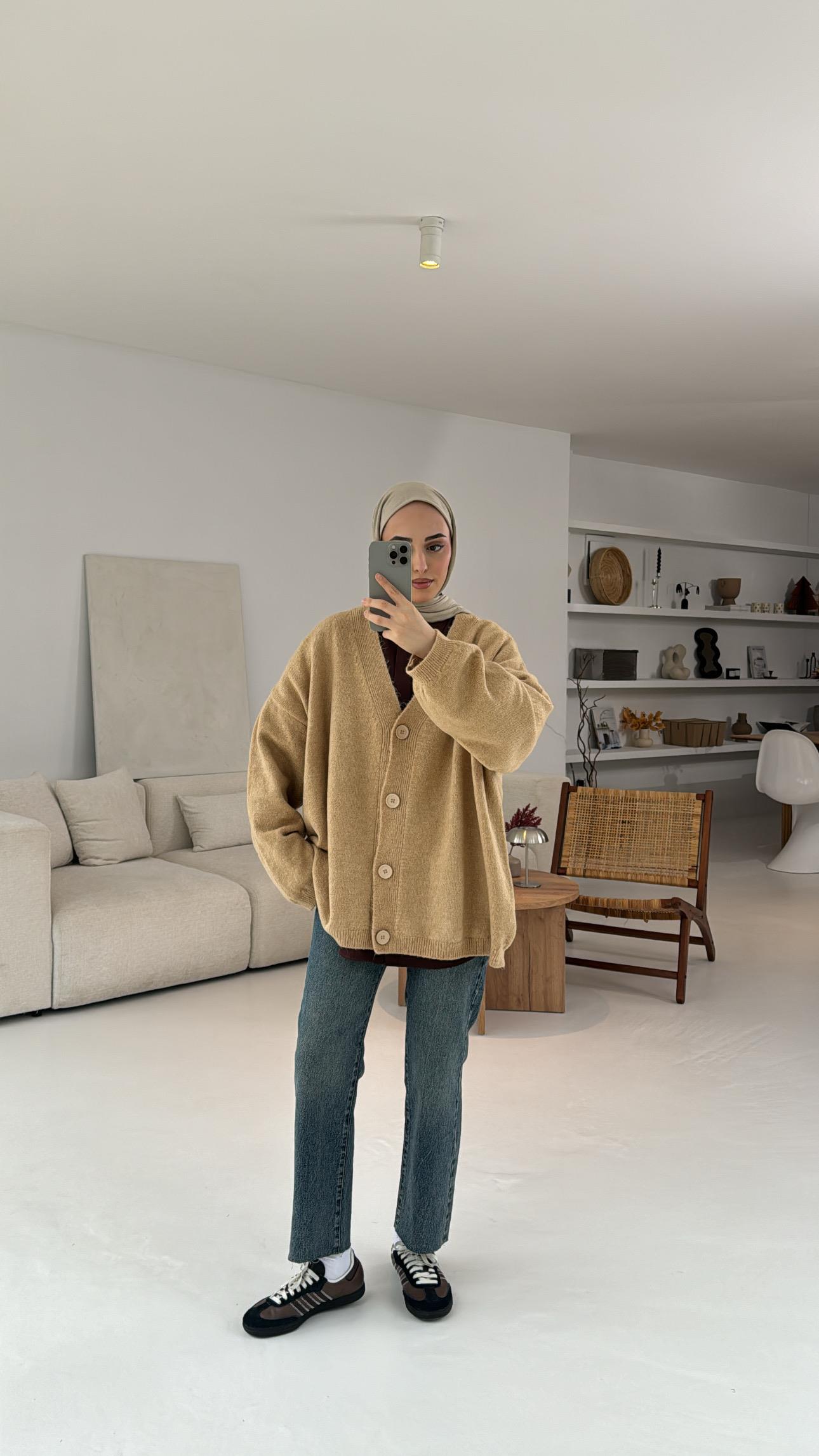 Oversize Yünlü Triko Hırka Vizon