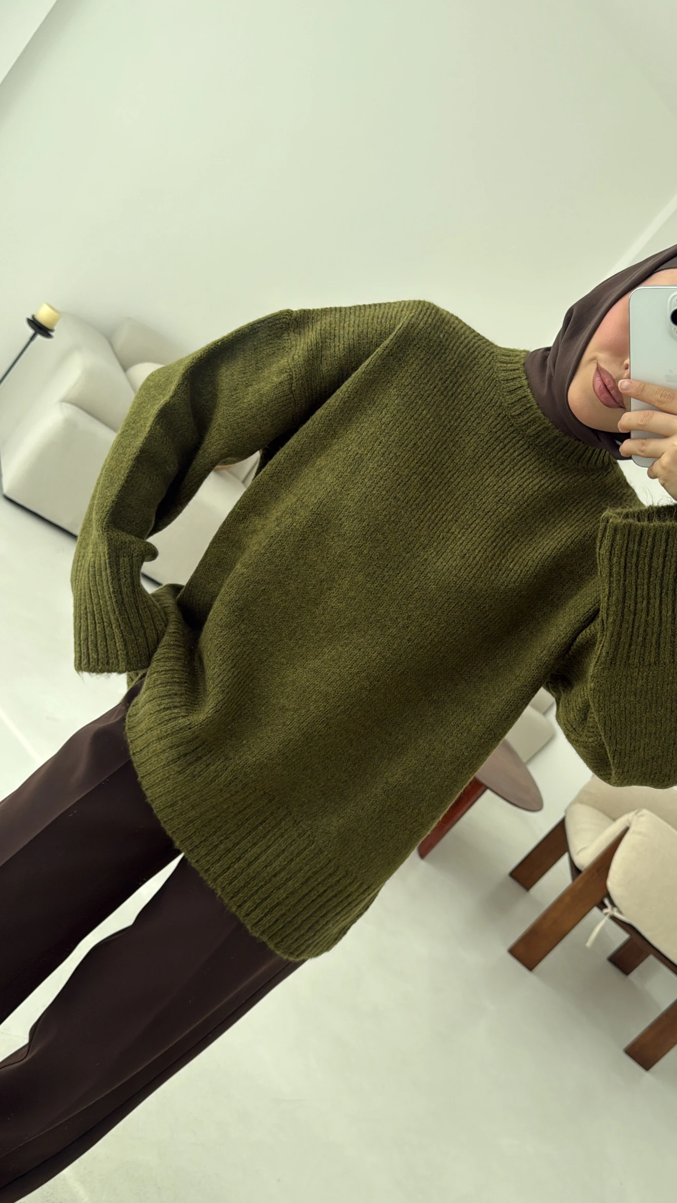 Çift Kat Triko Kazak Zeytin Yeşili