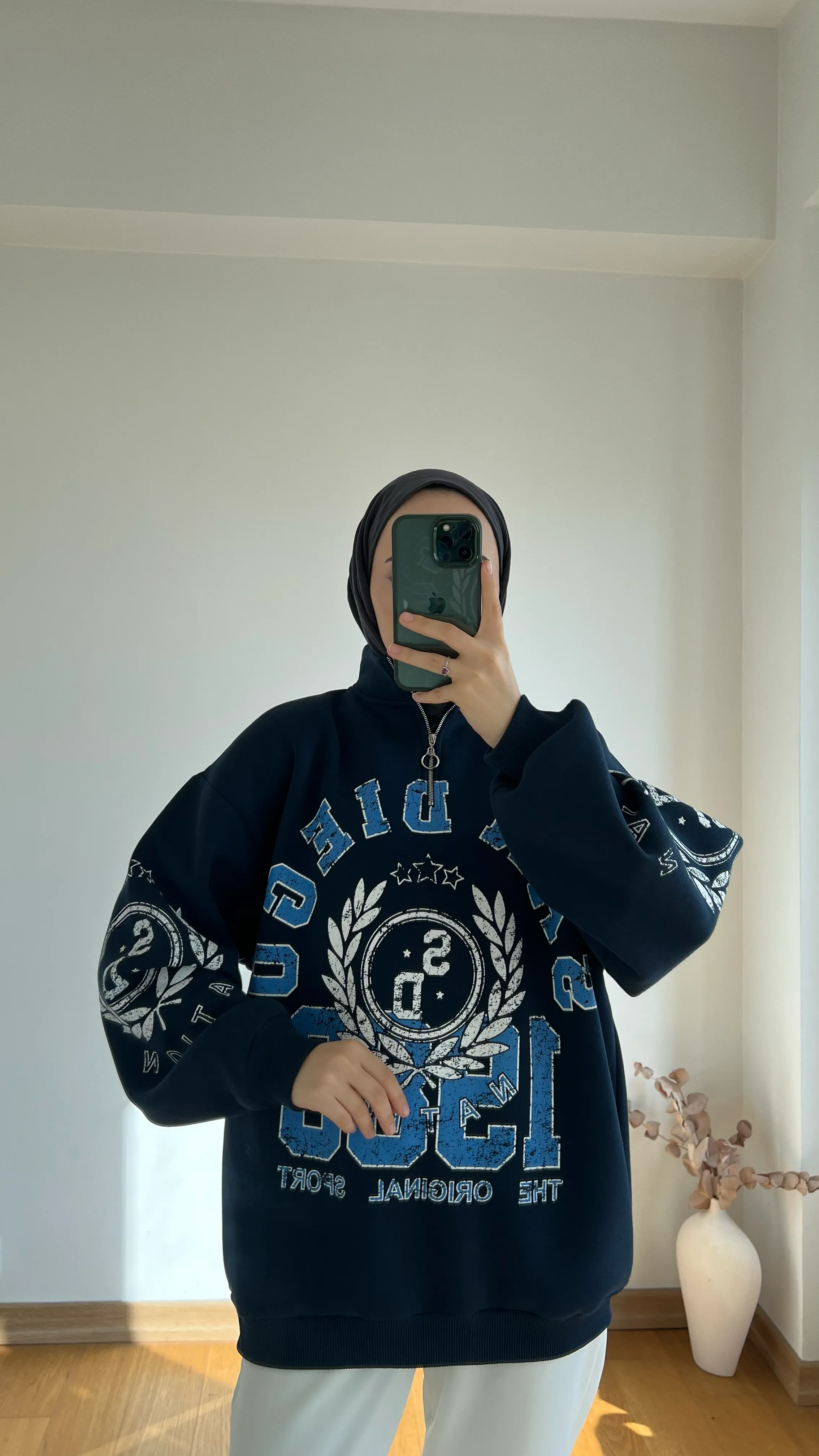 Yarım Zip Lacivert Oversize Şardonlu Sweatshirt