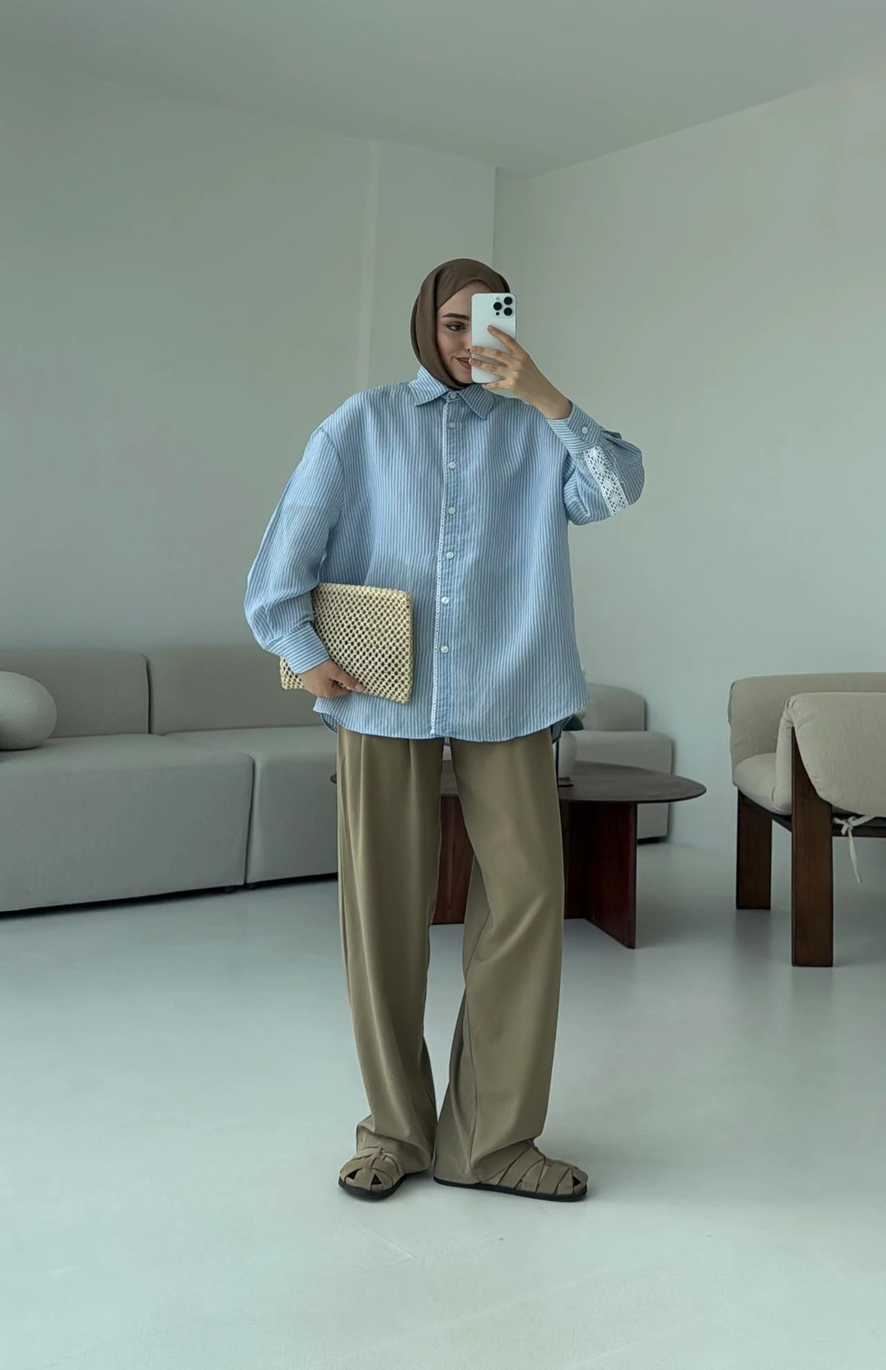 Çizgili Dantel Detay Gömlek Mavi