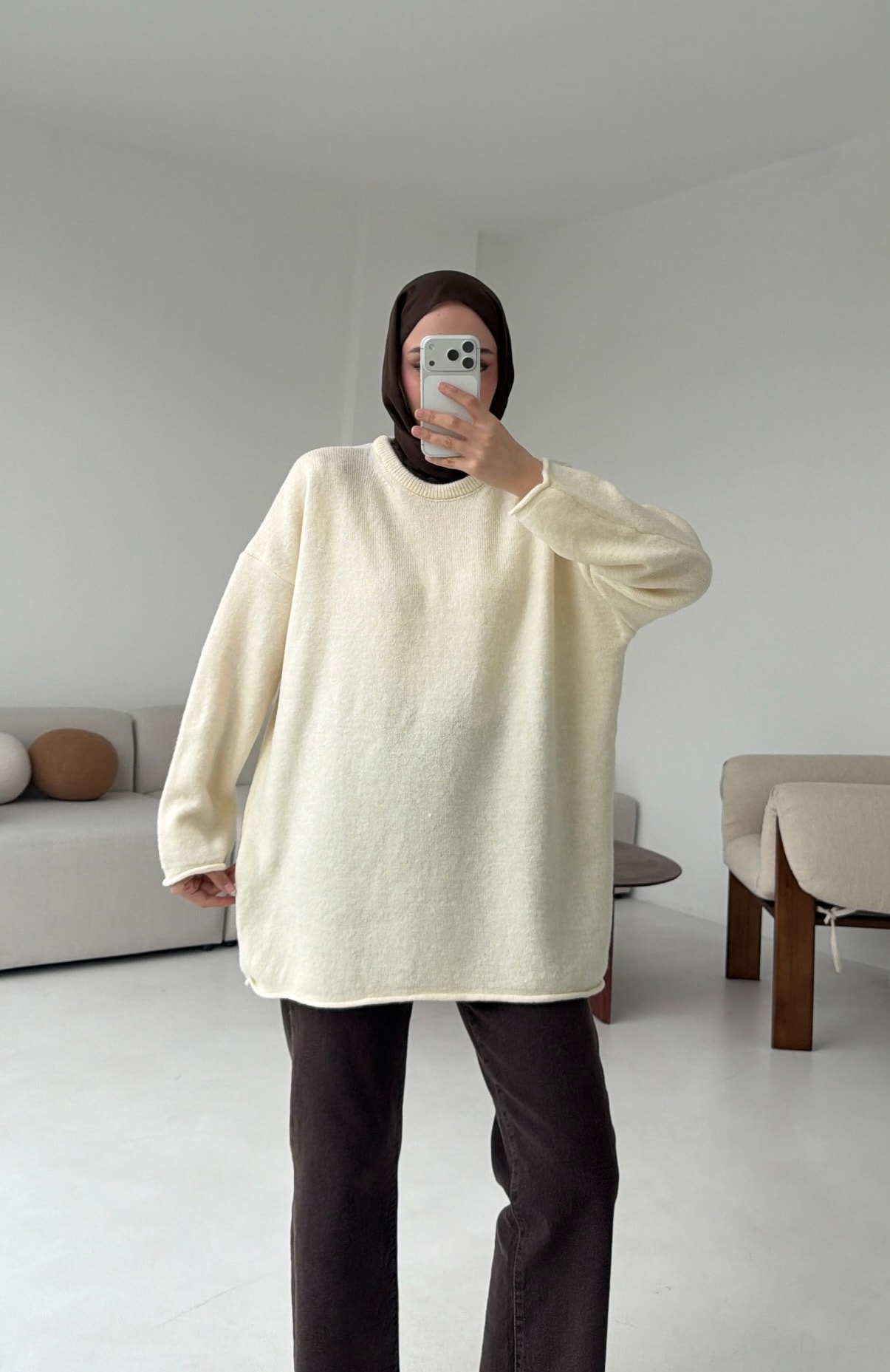 Dikişsiz Triko Kazak Krem