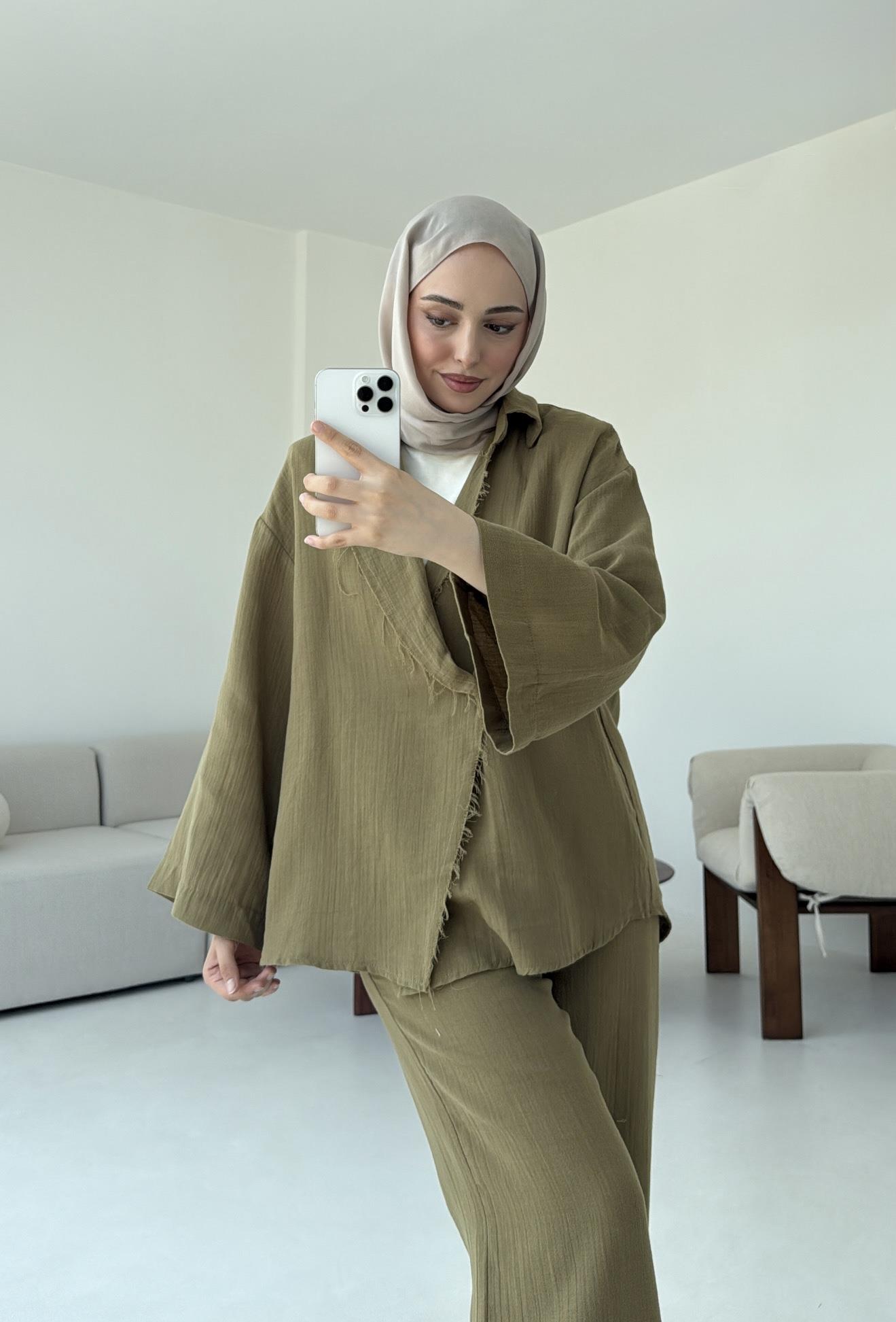 Müslin Düğmeli Kimono Takım Yeşil