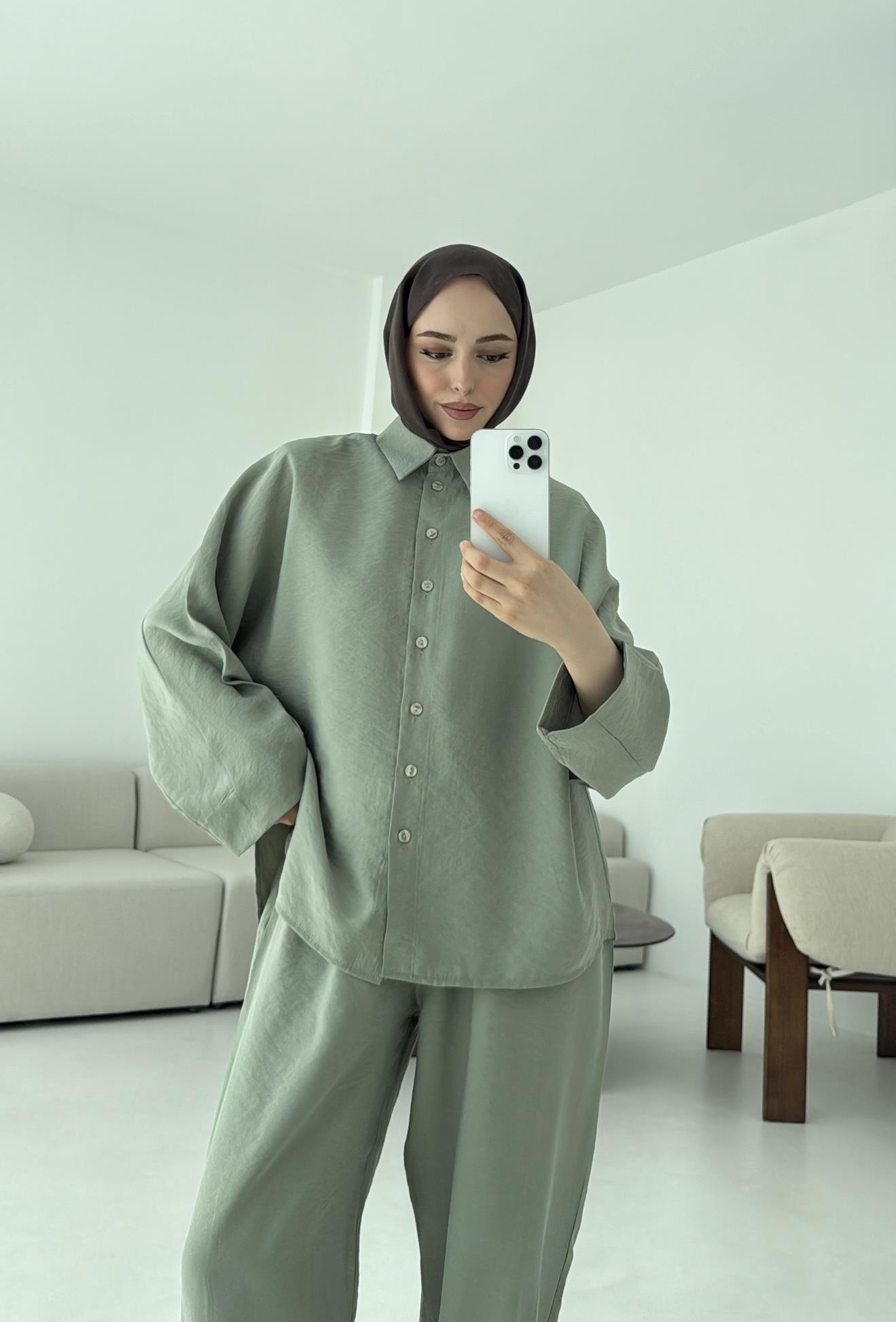 Pens Detay Tencel Takım Mint Yeşili