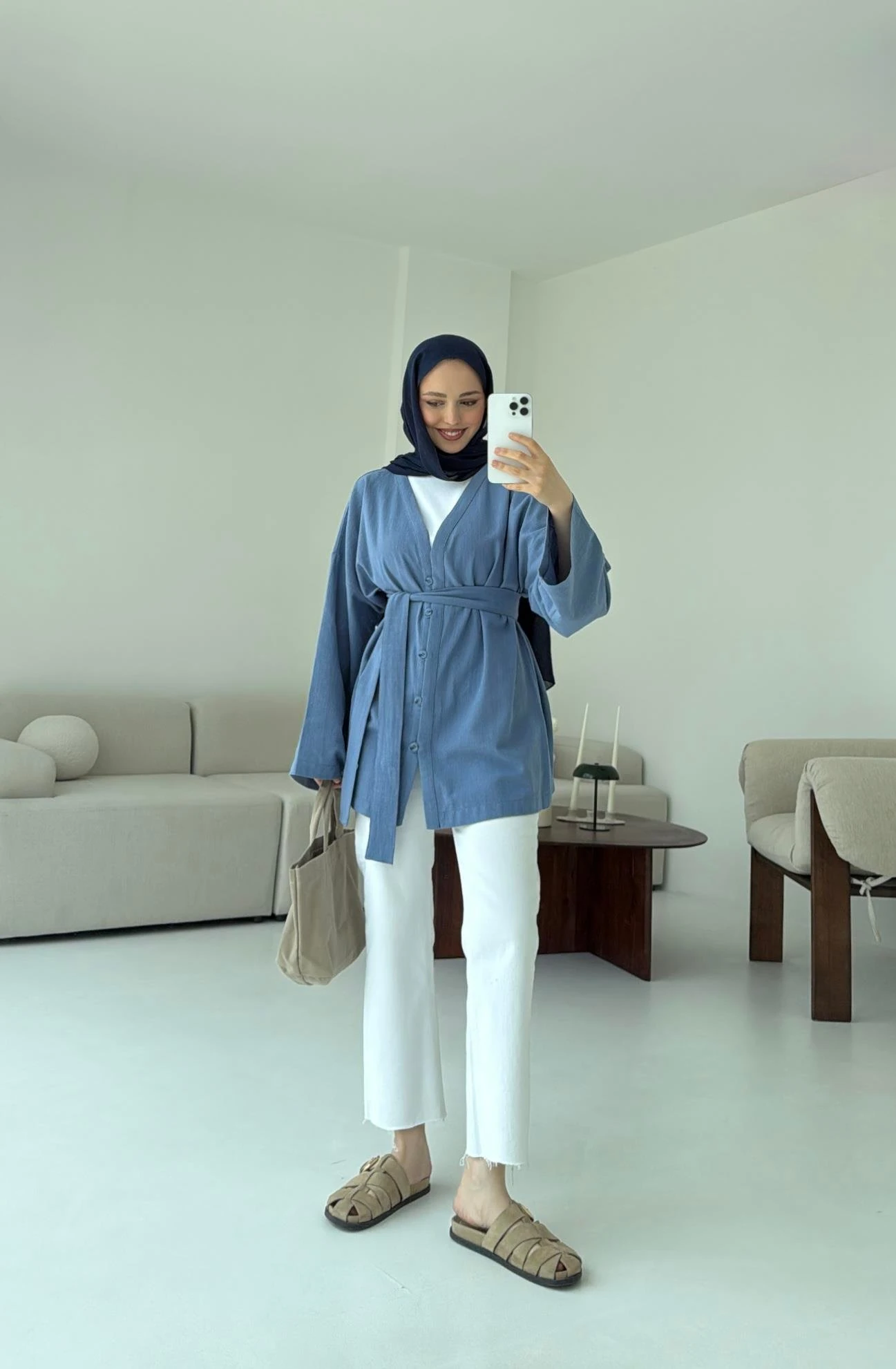 Linen Düğmeli Kimono Mavi