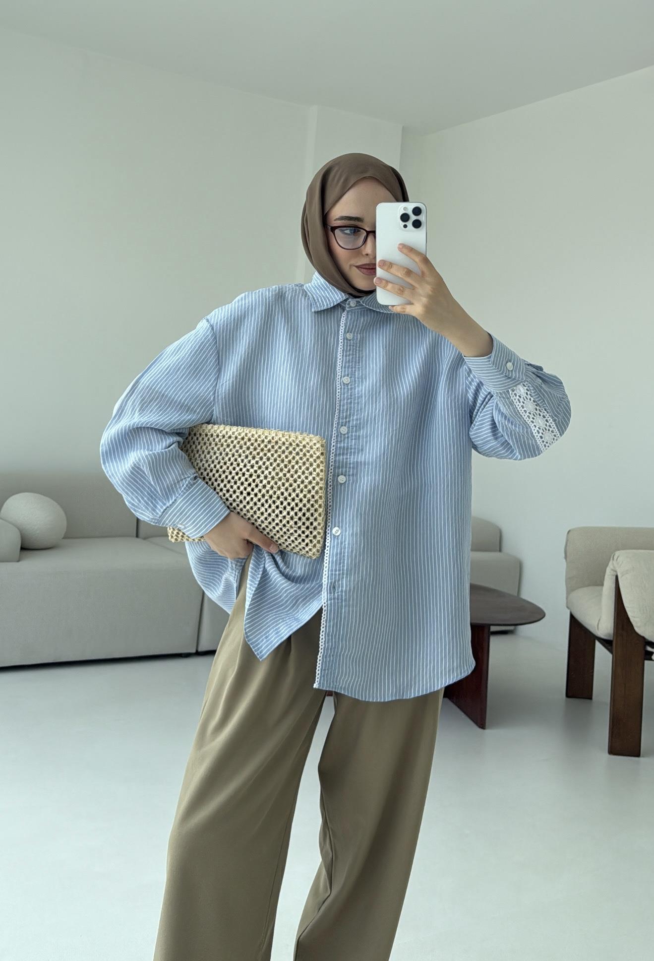 Çizgili Dantel Detay Gömlek Mavi