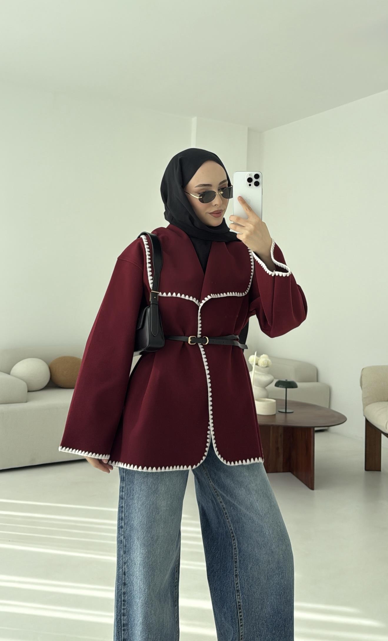Dikişli Kaşe Ceket Bordo