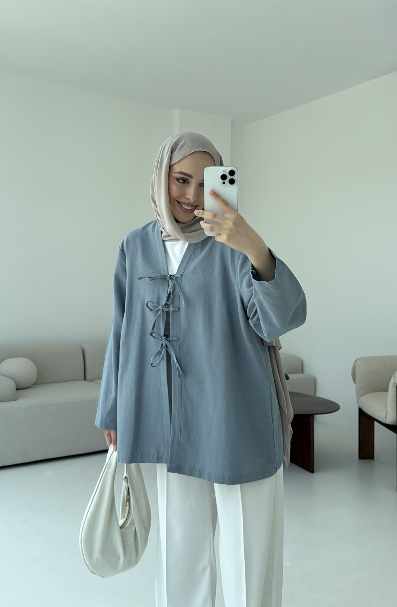 Keten Üç Bağlamalı Kimono Mavi