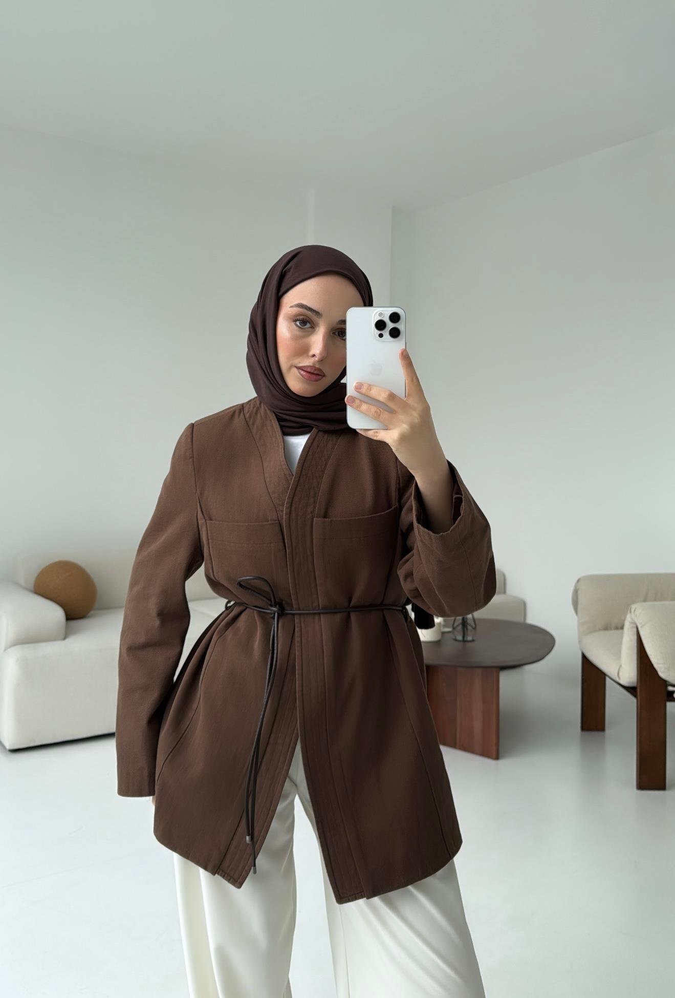 Gabardin Kemerli Ceket Kahve