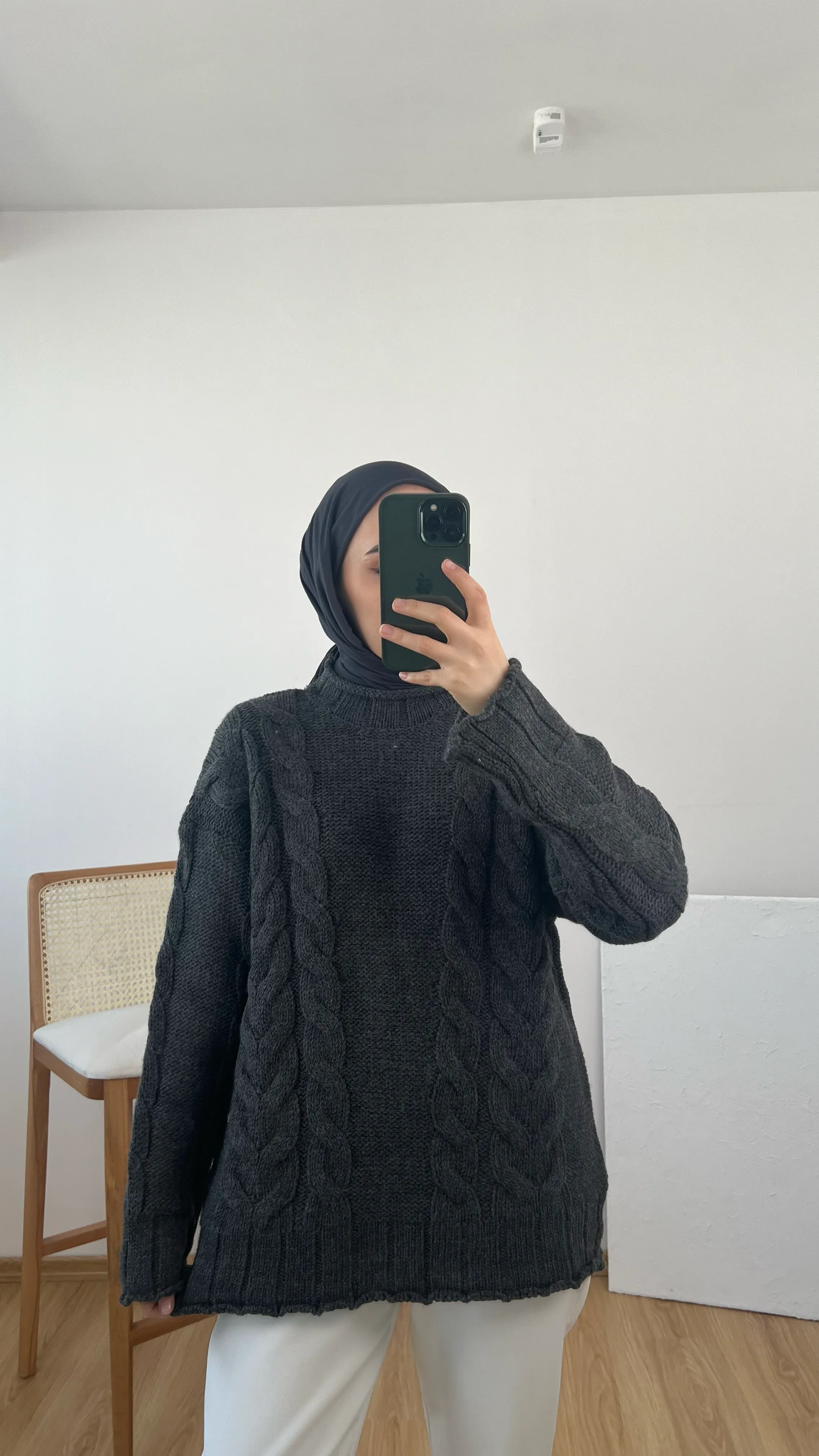 Örgü Detaylı Kalın Kazak Antrasit