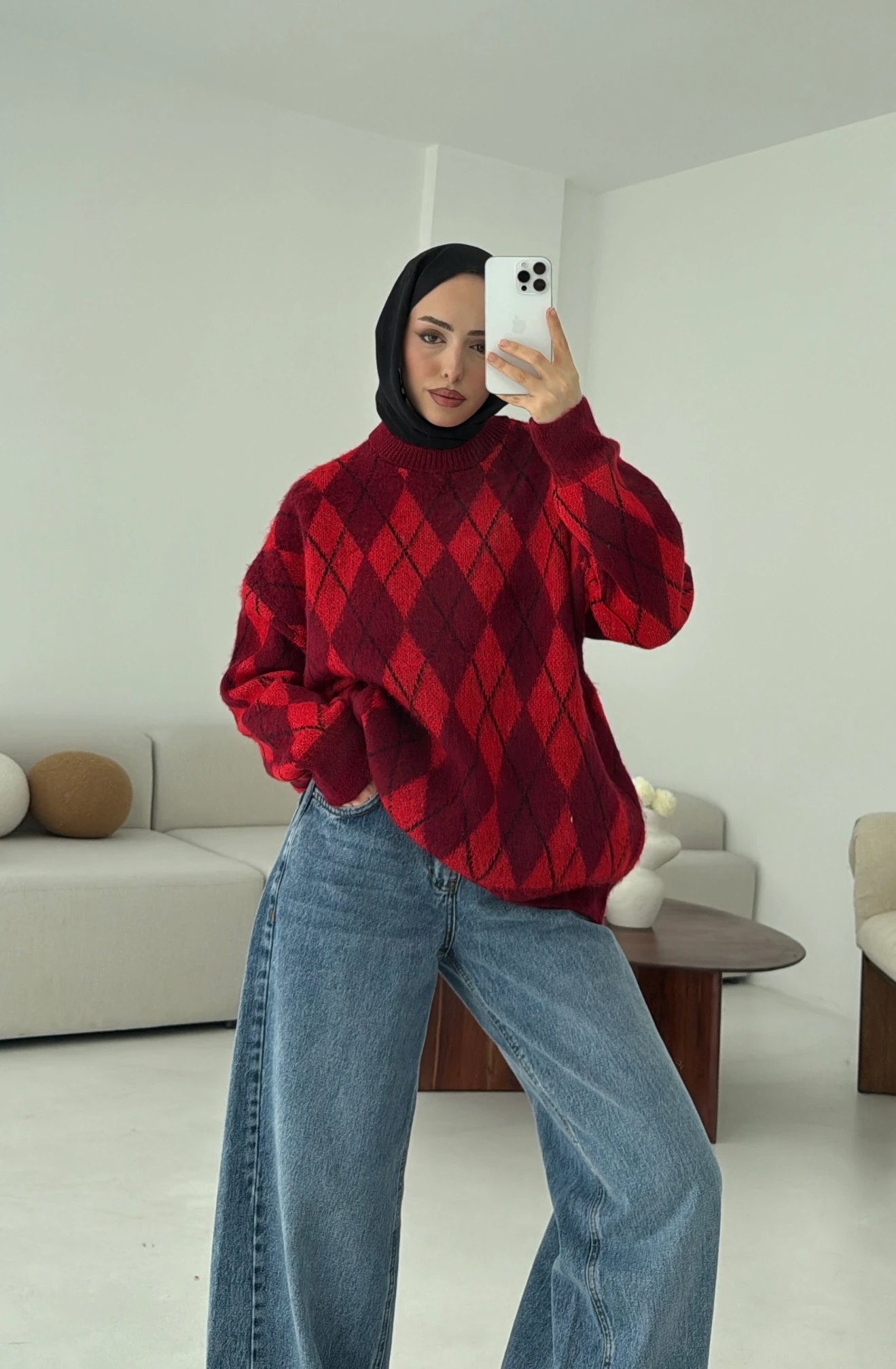 Baklava Desen Şardonlu Kazak Bordo