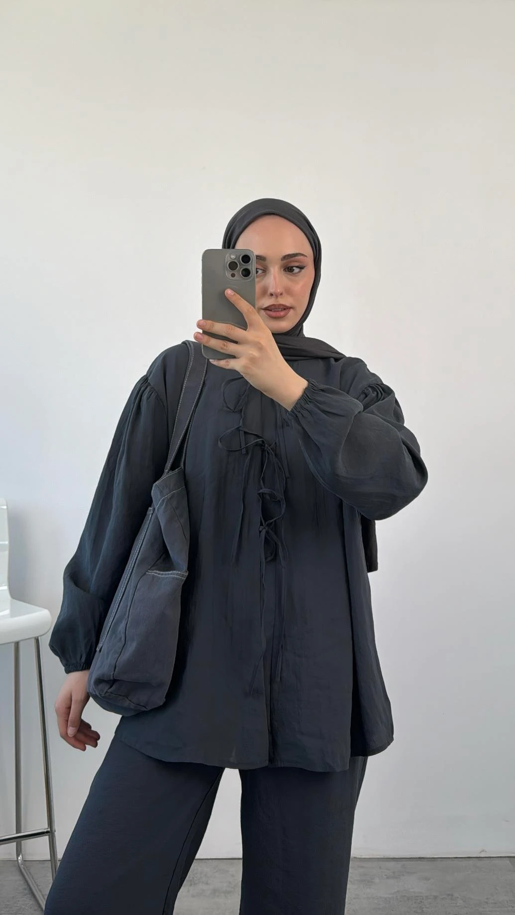 Tencel Önden Bağlamalı Kimonolu Takım Antrasit