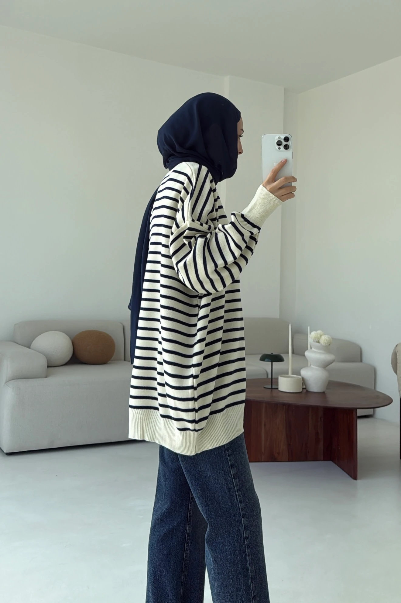 Çizgili Triko Kazak Ekru