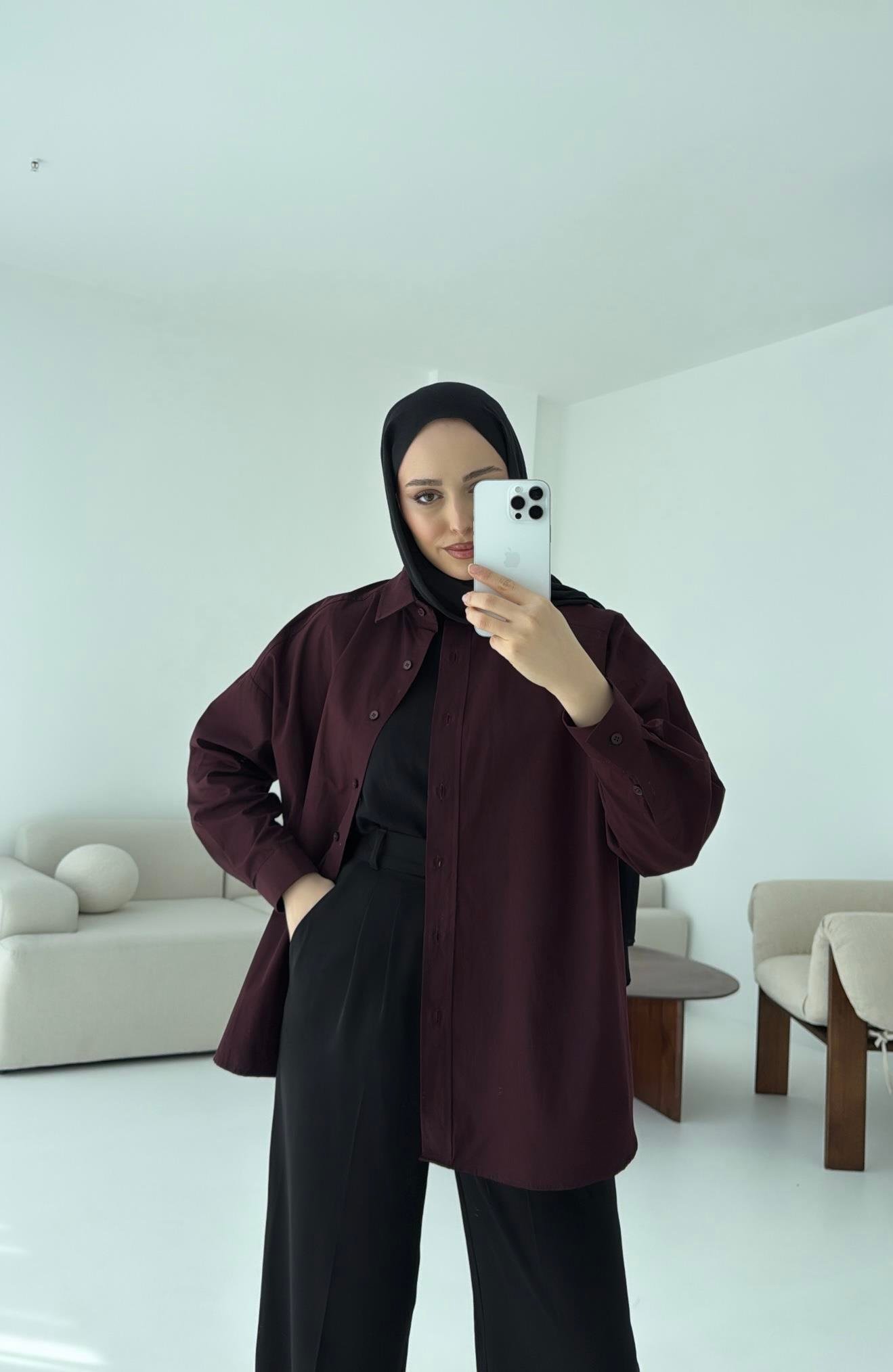 Poplin Oversize Gömlek Bordo