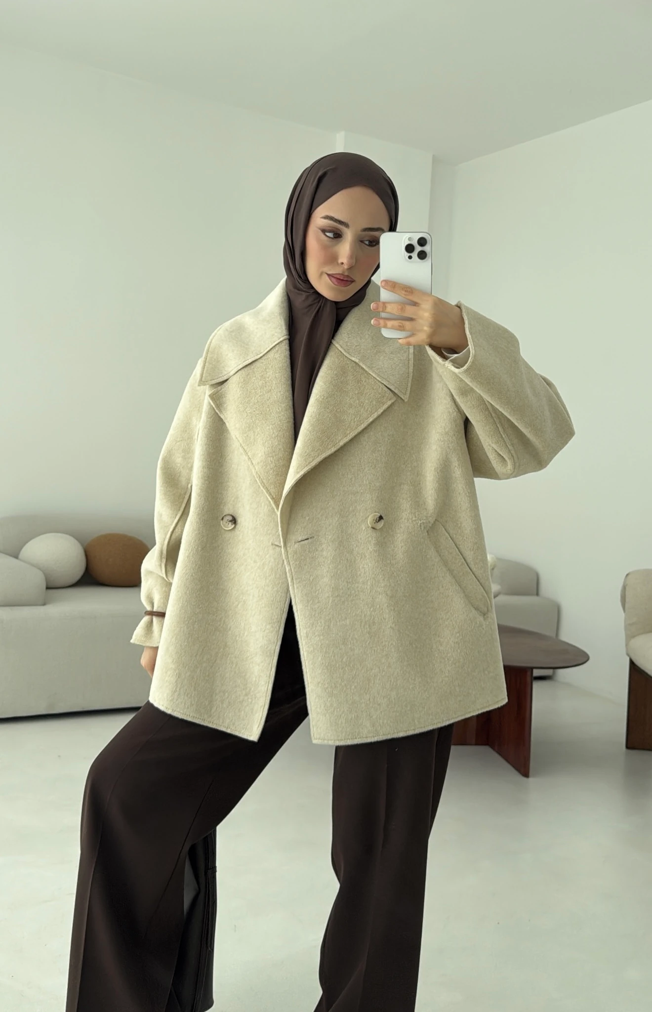 Yumuşak Şal Yaka Kaban Bej