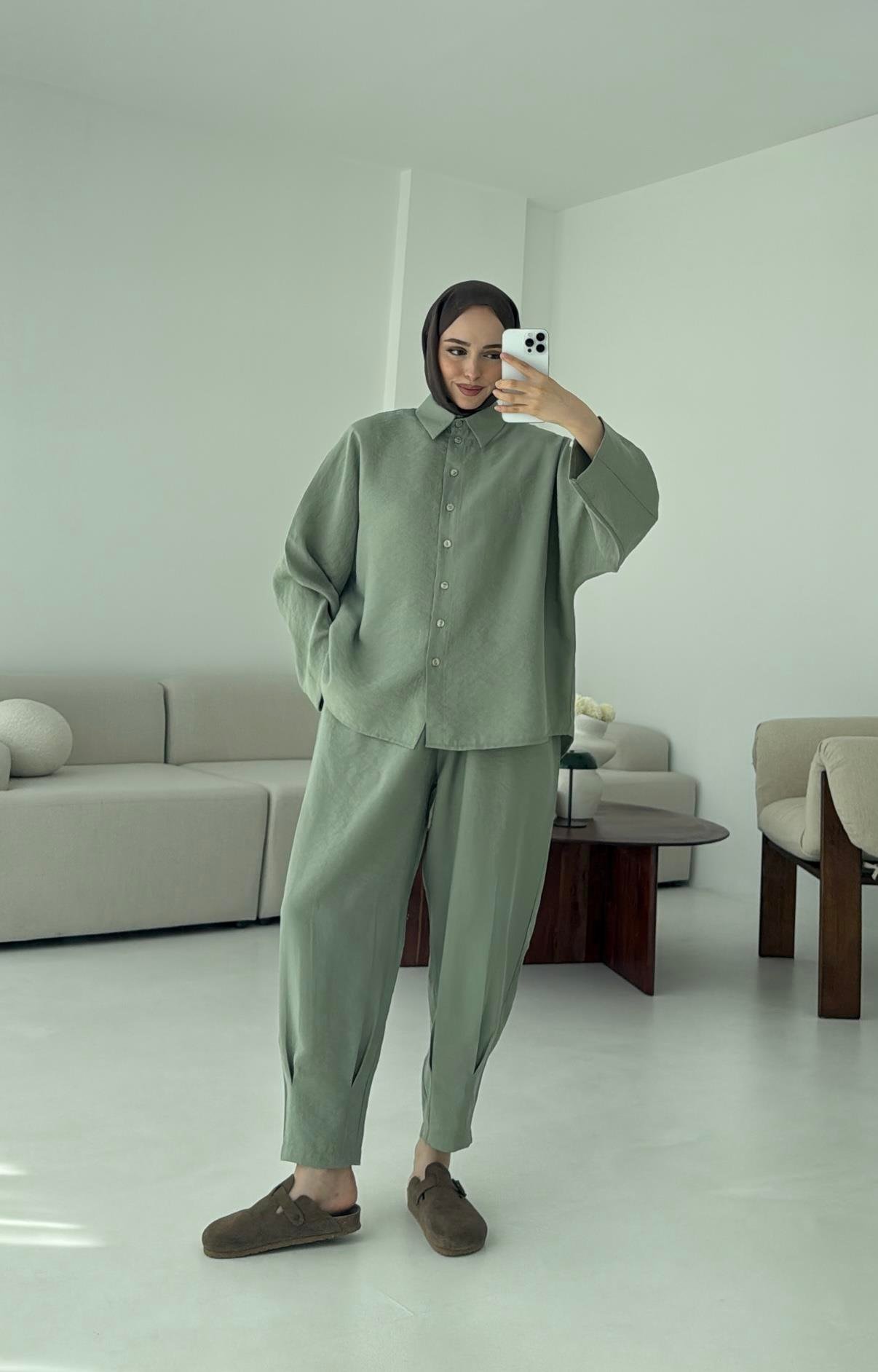 Pens Detay Tencel Takım Mint Yeşili
