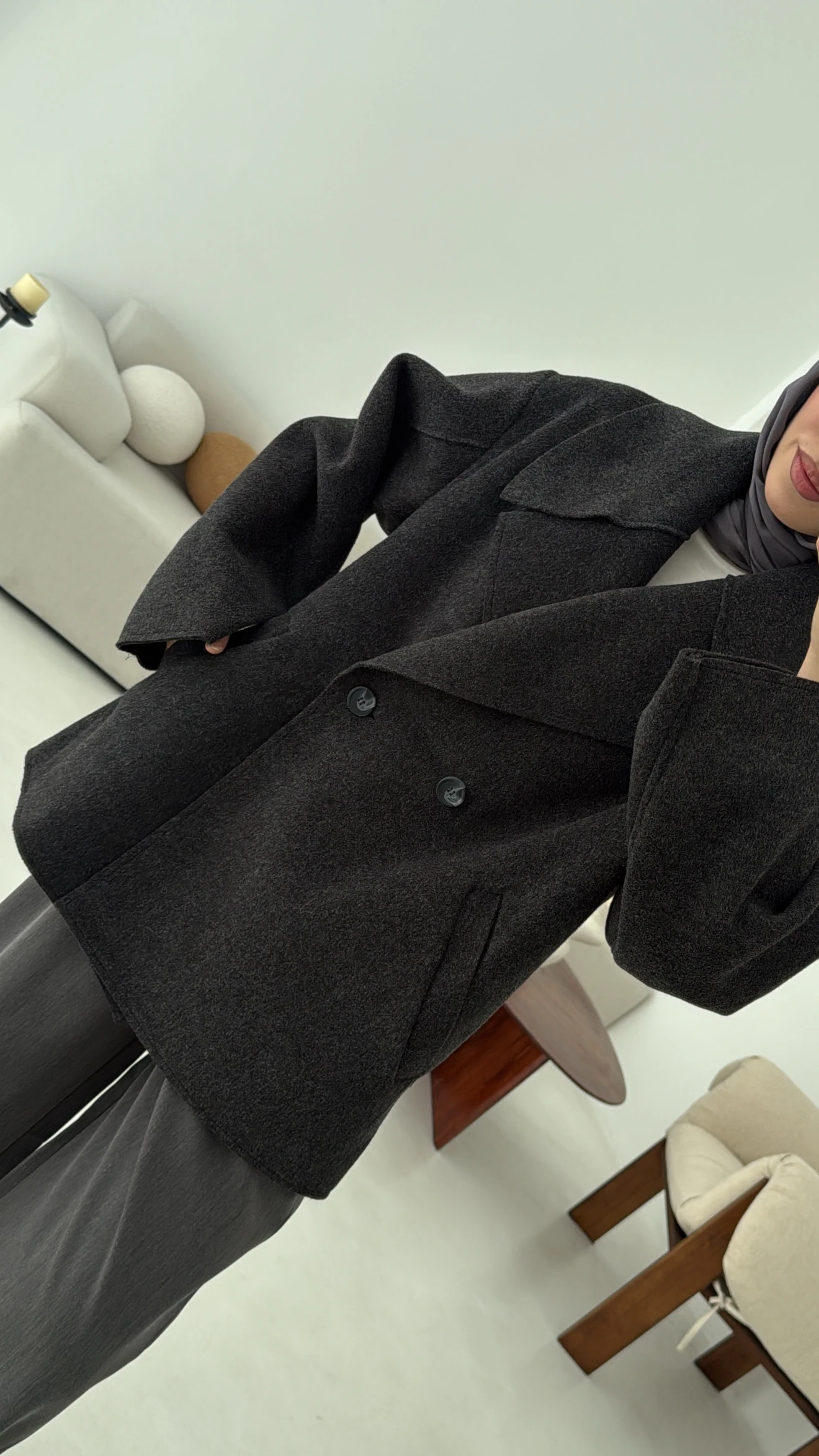 Yumuşak Şal Yaka Kaban Antrasit