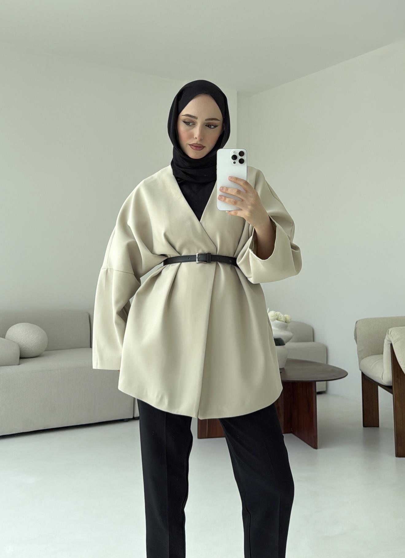 Deri Kemer Detay Oversize Ceket Taş