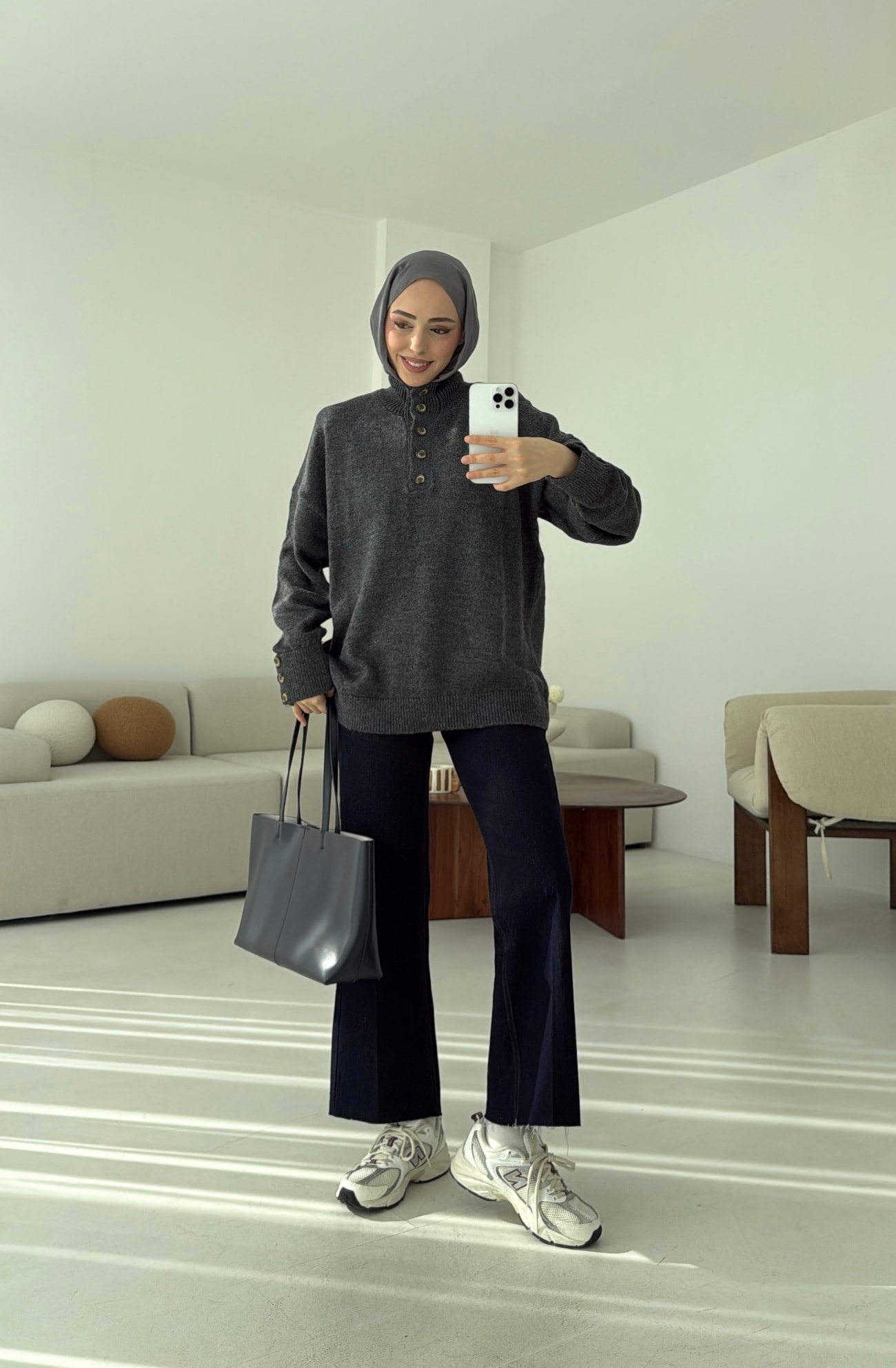 Kolları Düğme Detay Triko Kazak Antrasit