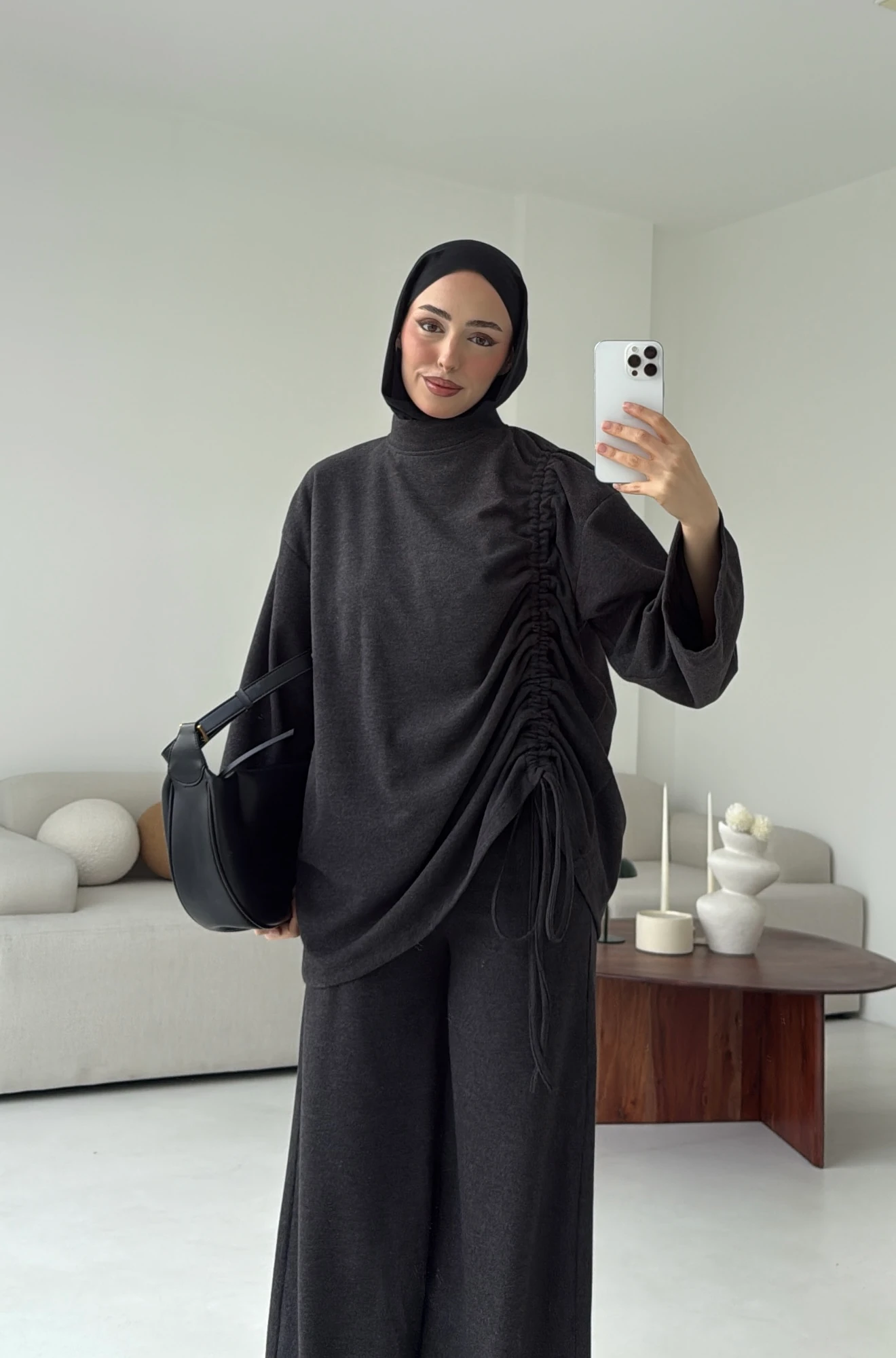 Bluzu Yandan Biyeli Takım Koyu Gri