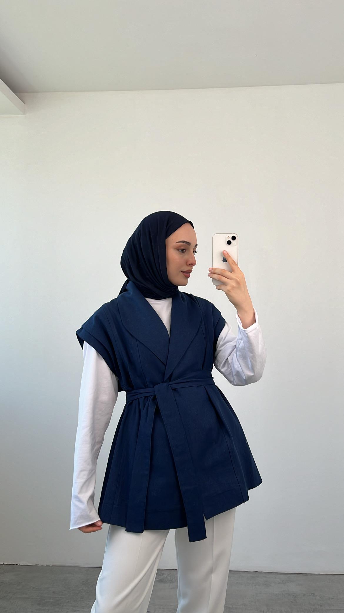 Bağlamalı Keten Yelek Lacivert