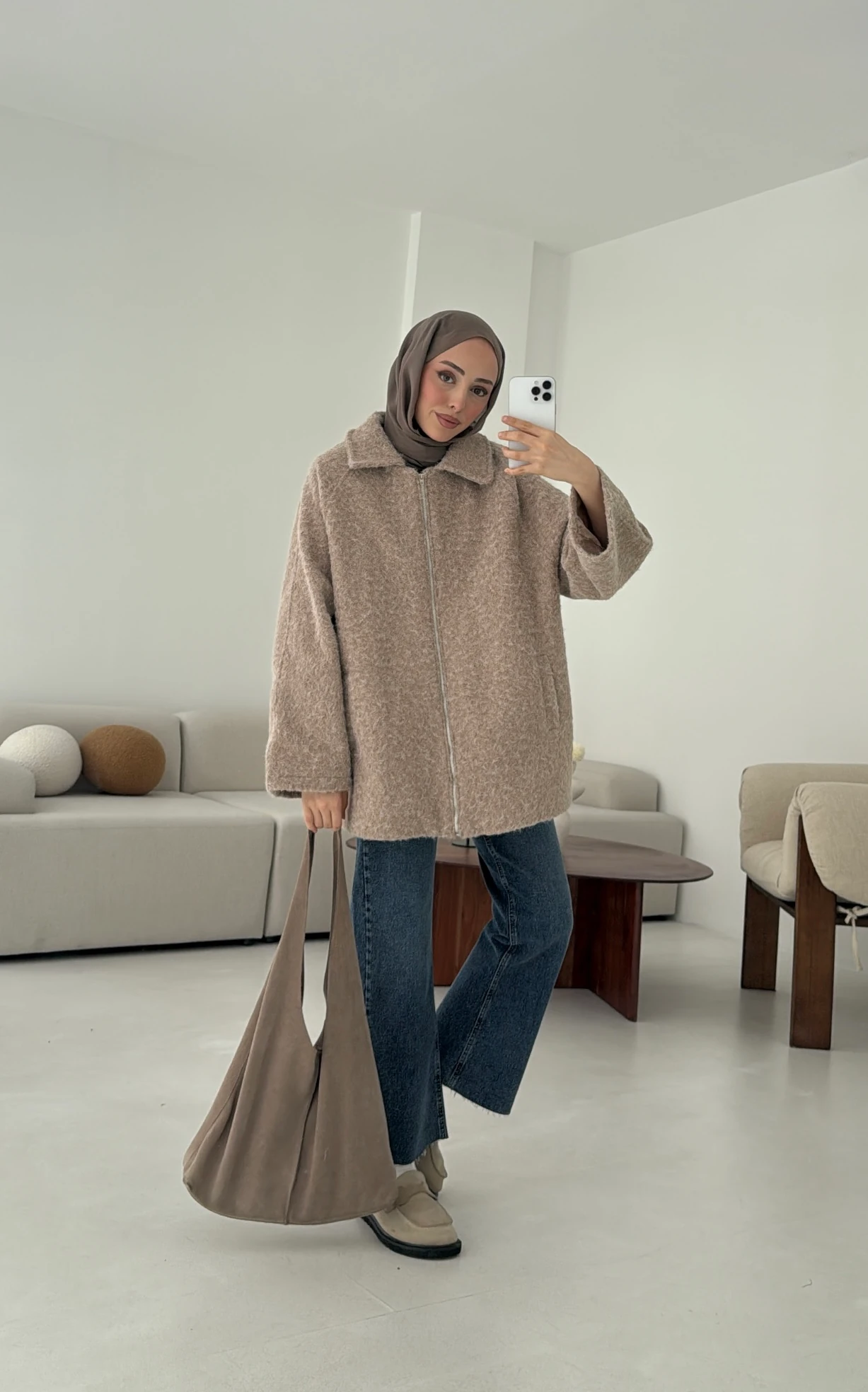 Kırçıllı Fermuarlı Kaban Bej