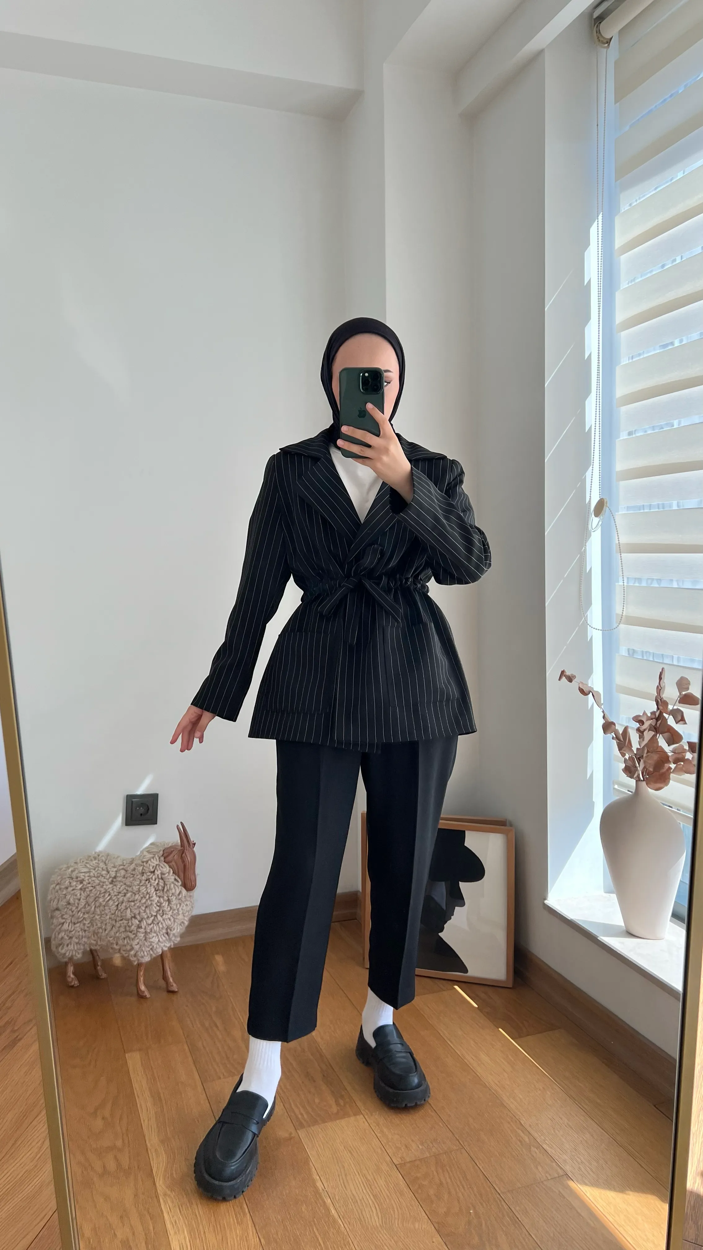 Beli Sıkmalı Astarlı Ceket Çizgili Siyah