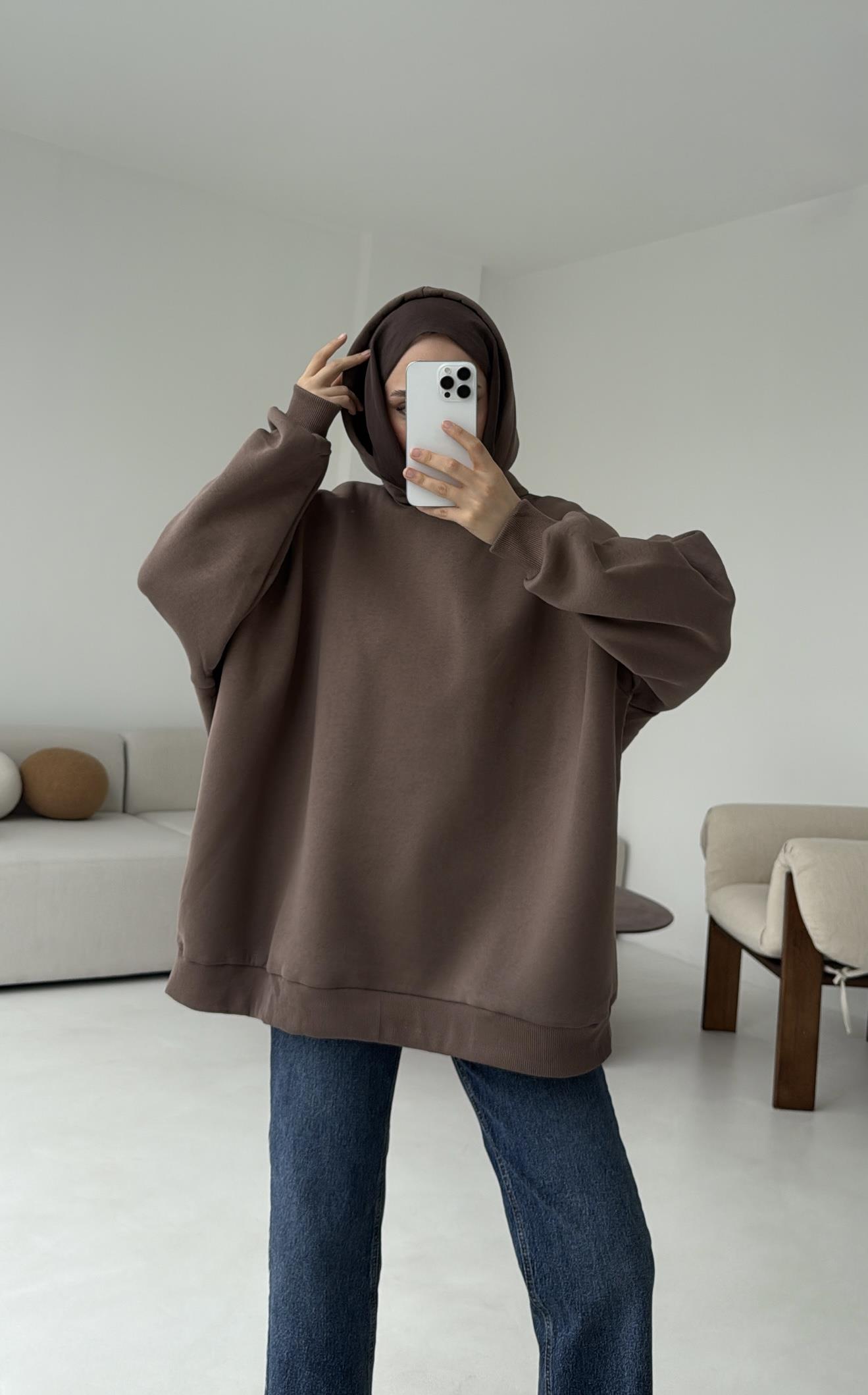 Kapüşonlu Oversize Şardonlu Sweatshirt Kahve