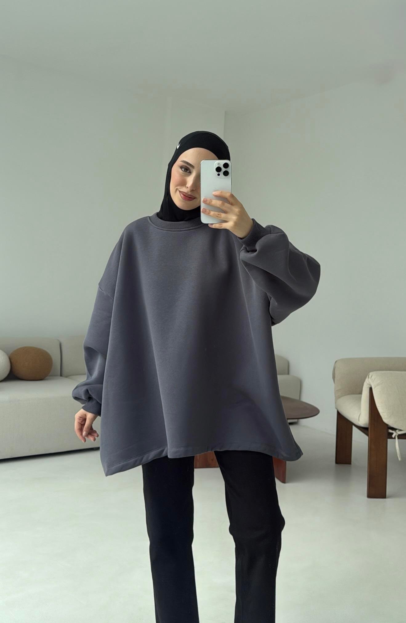 Oversize Şardonlu Sweatshirt Antrasit