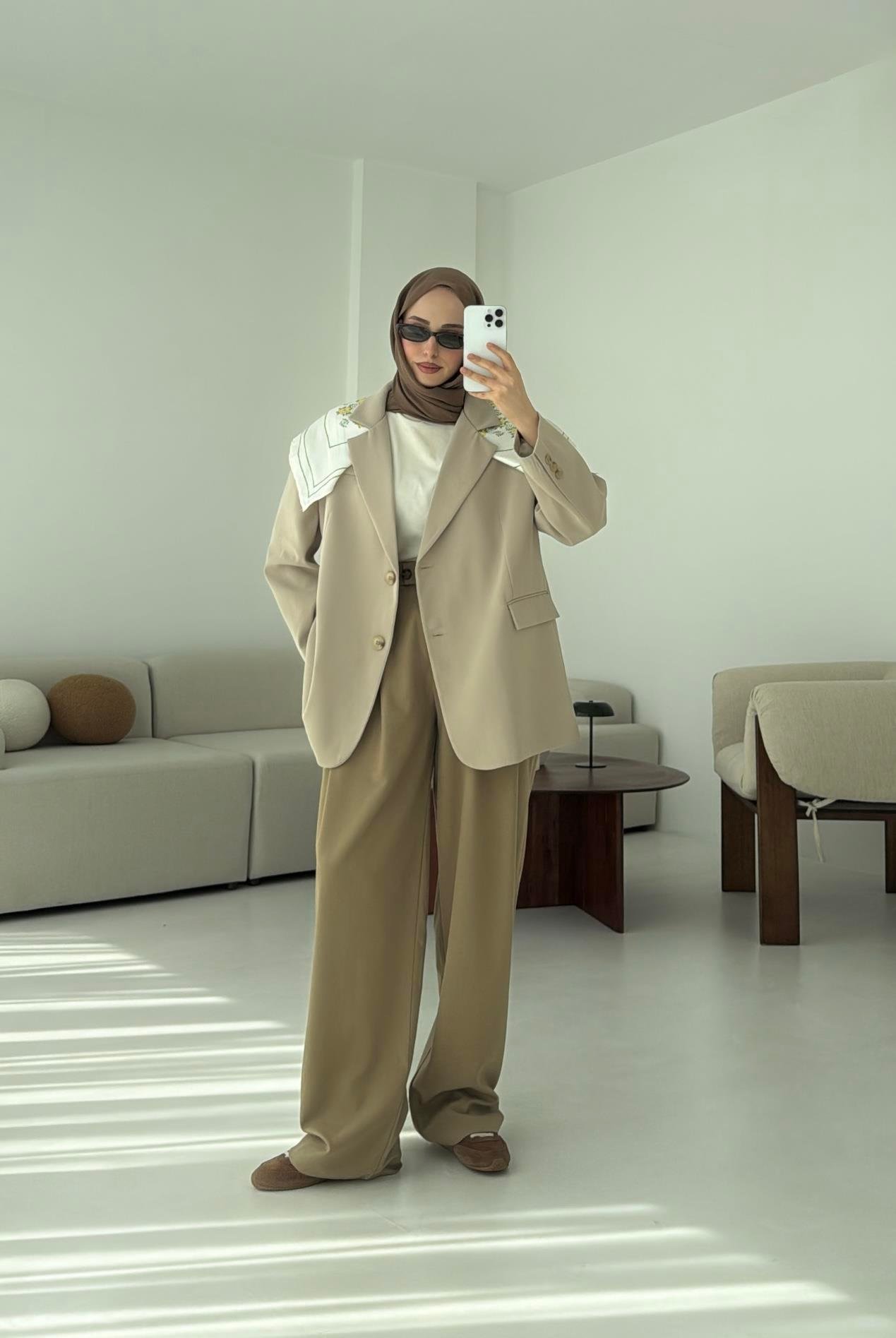 Çift Dügmeli Oversize Blazer Ceket Taş