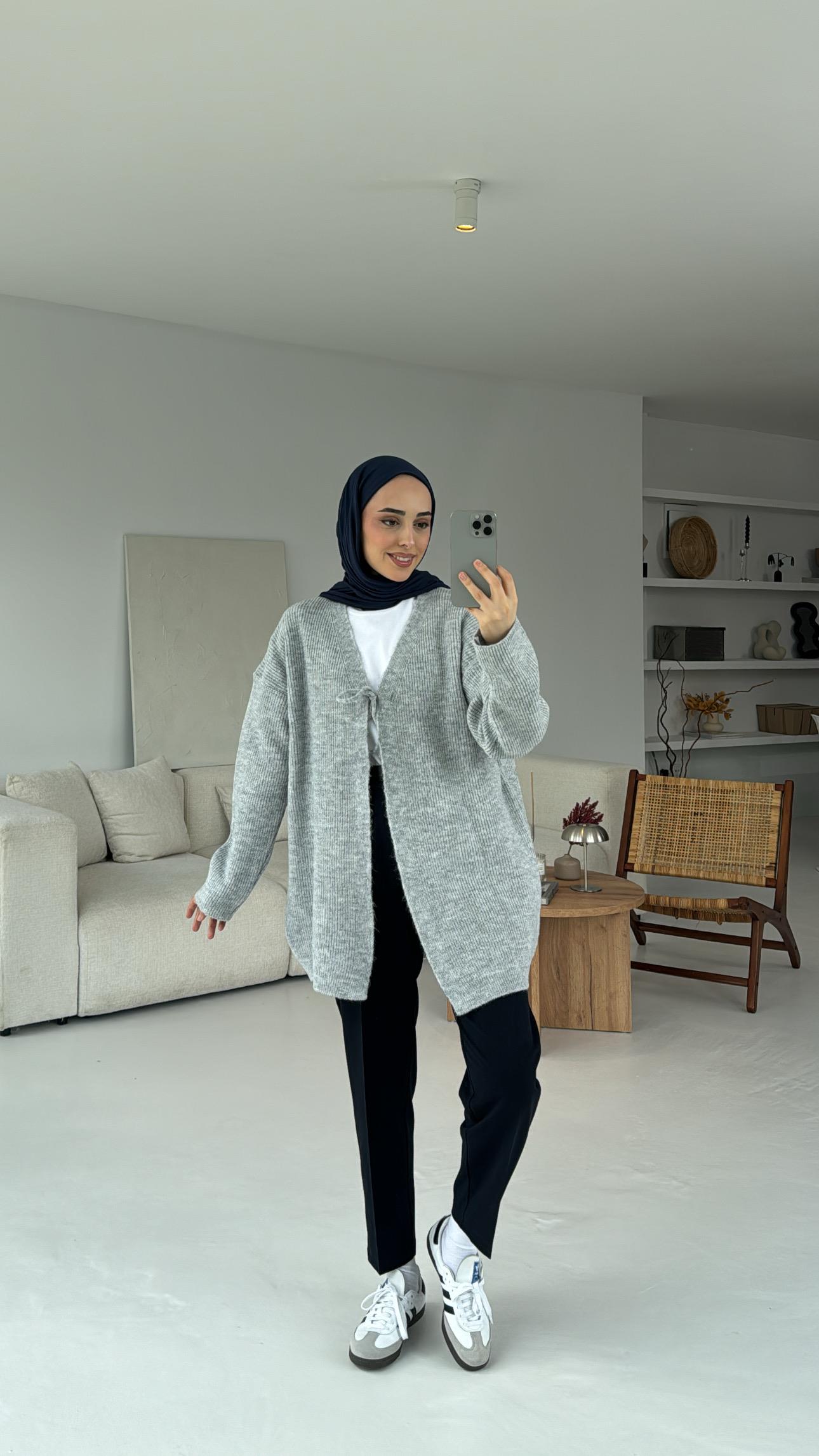 Bağlamalı Triko Hırka Gri