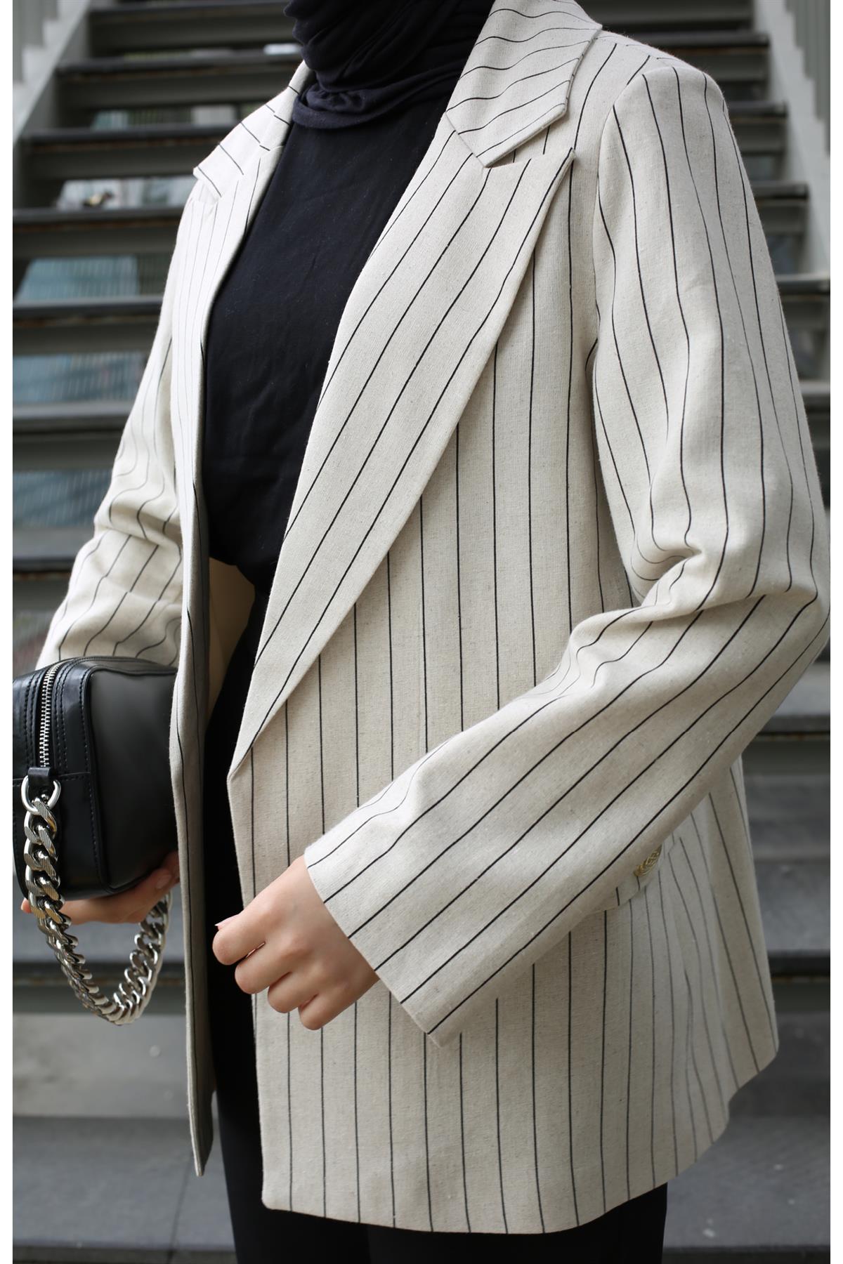 Çizgili Keten Blazer Ceket