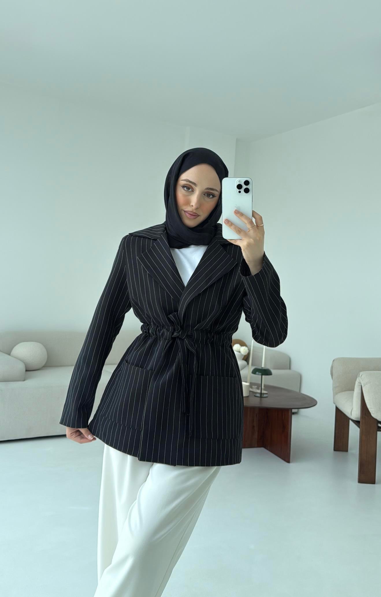 Bağlamalı Siyah Çizgili Blazer Ceket