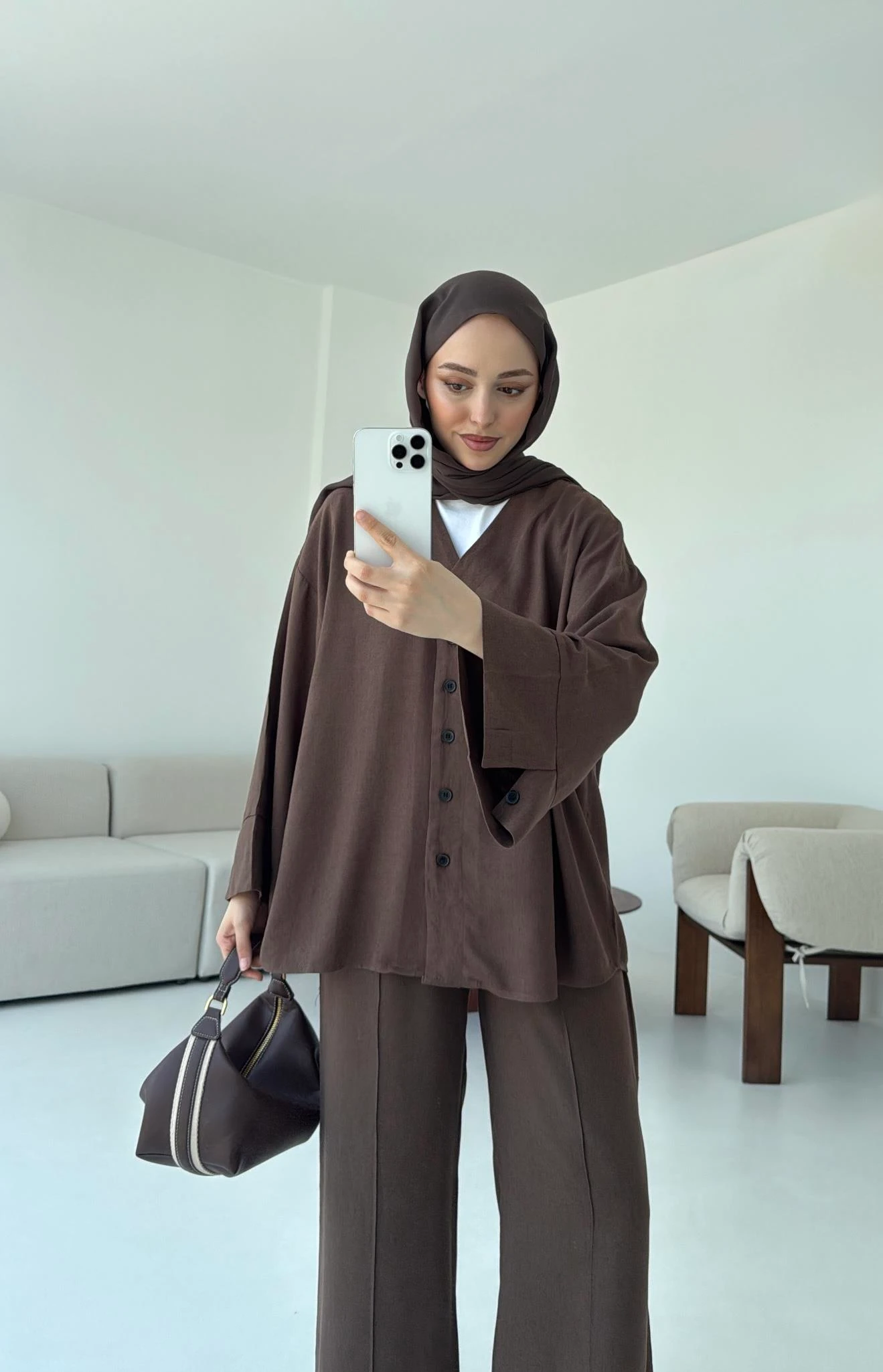 Düğmeli Kimono Takım Kahve