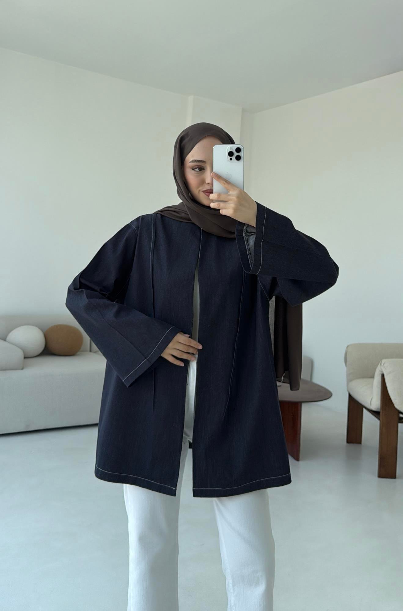 Biyeli Kot Kimono/Ceket Lacivert