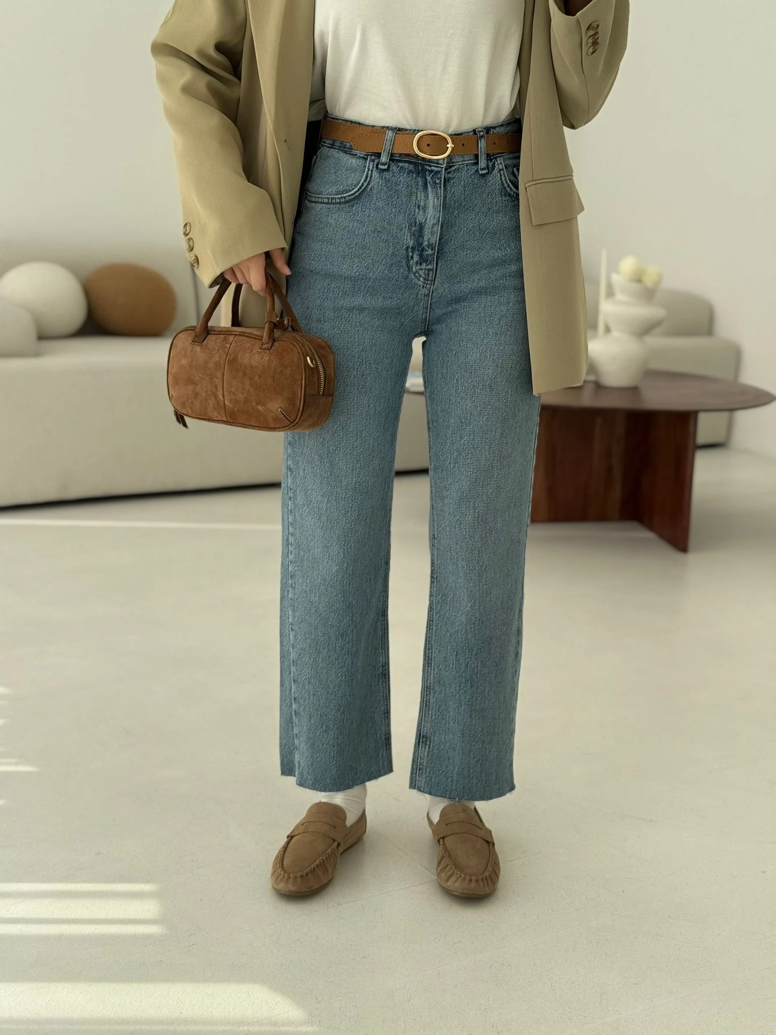 Premium Paçası Kesik Jean Taba Kemerli