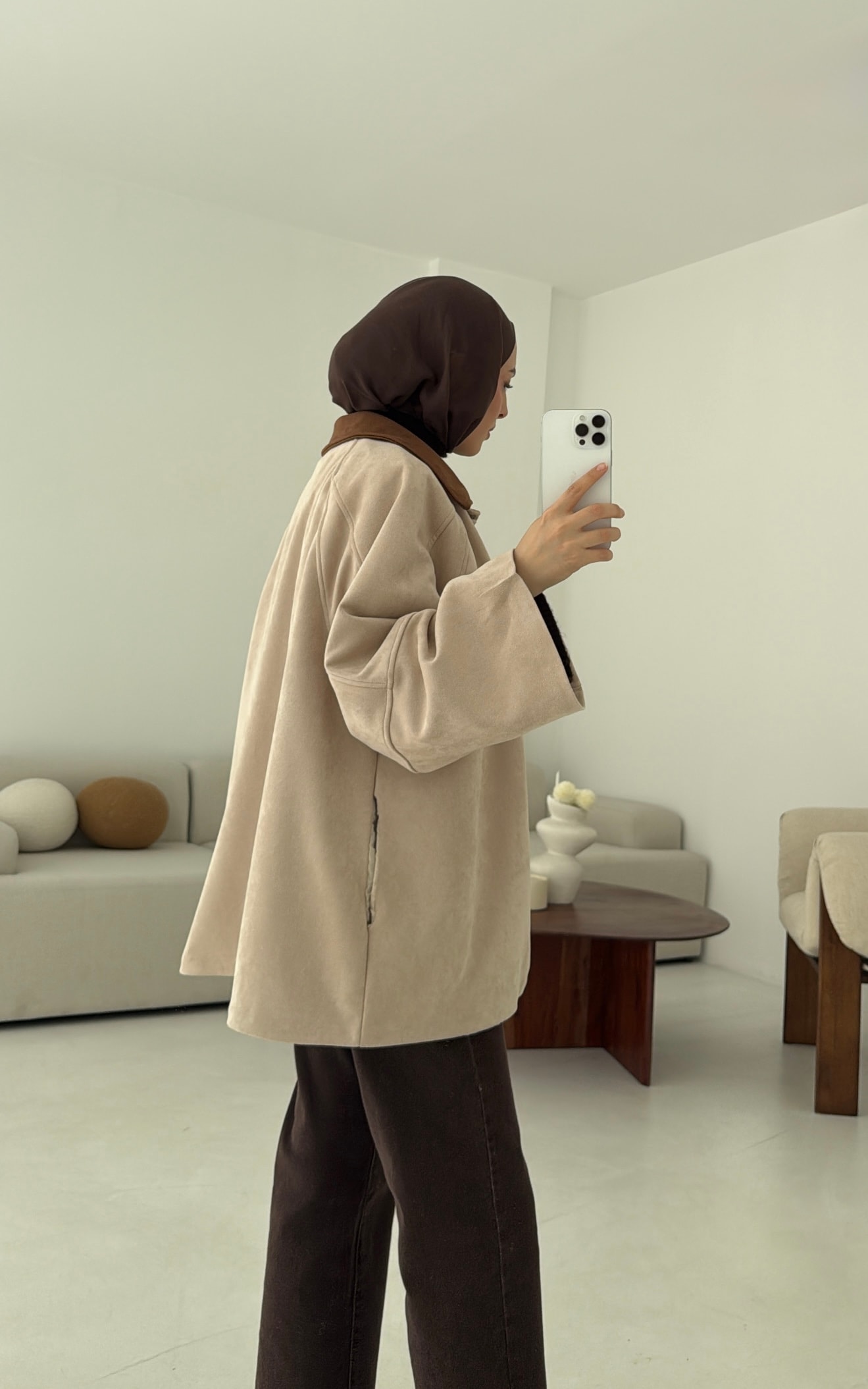 Nubuk Kontrast Yaka Ceket Bej