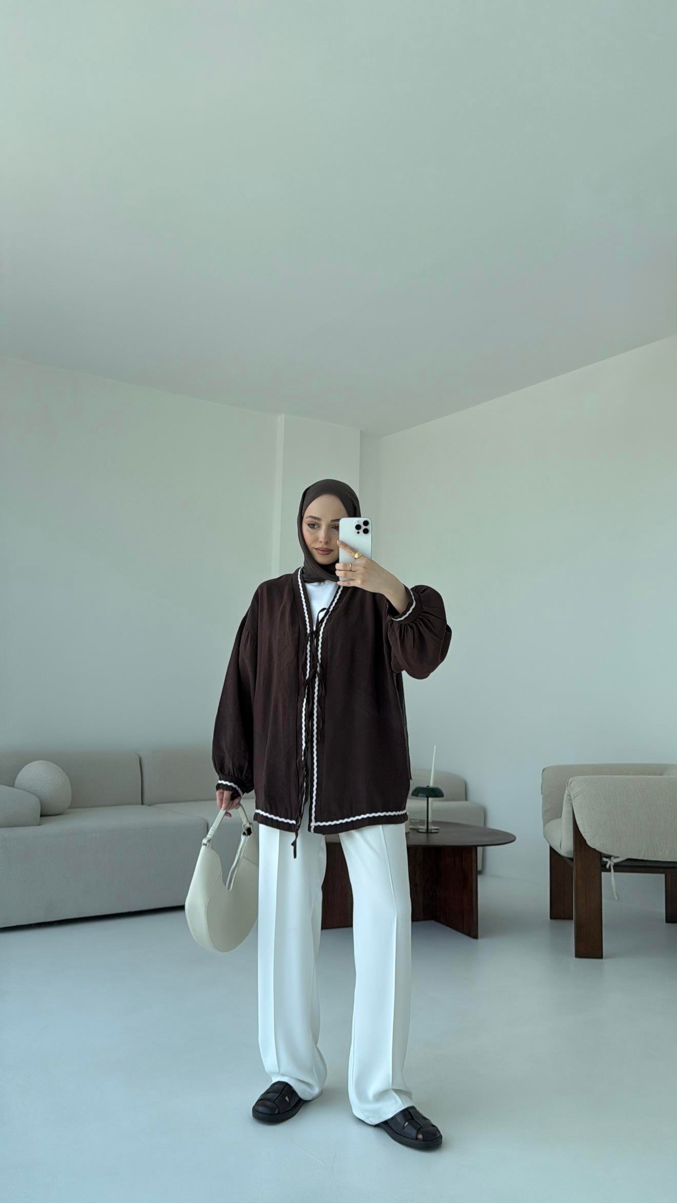 Bağlamalı Dantel Detay Kimono Kahve