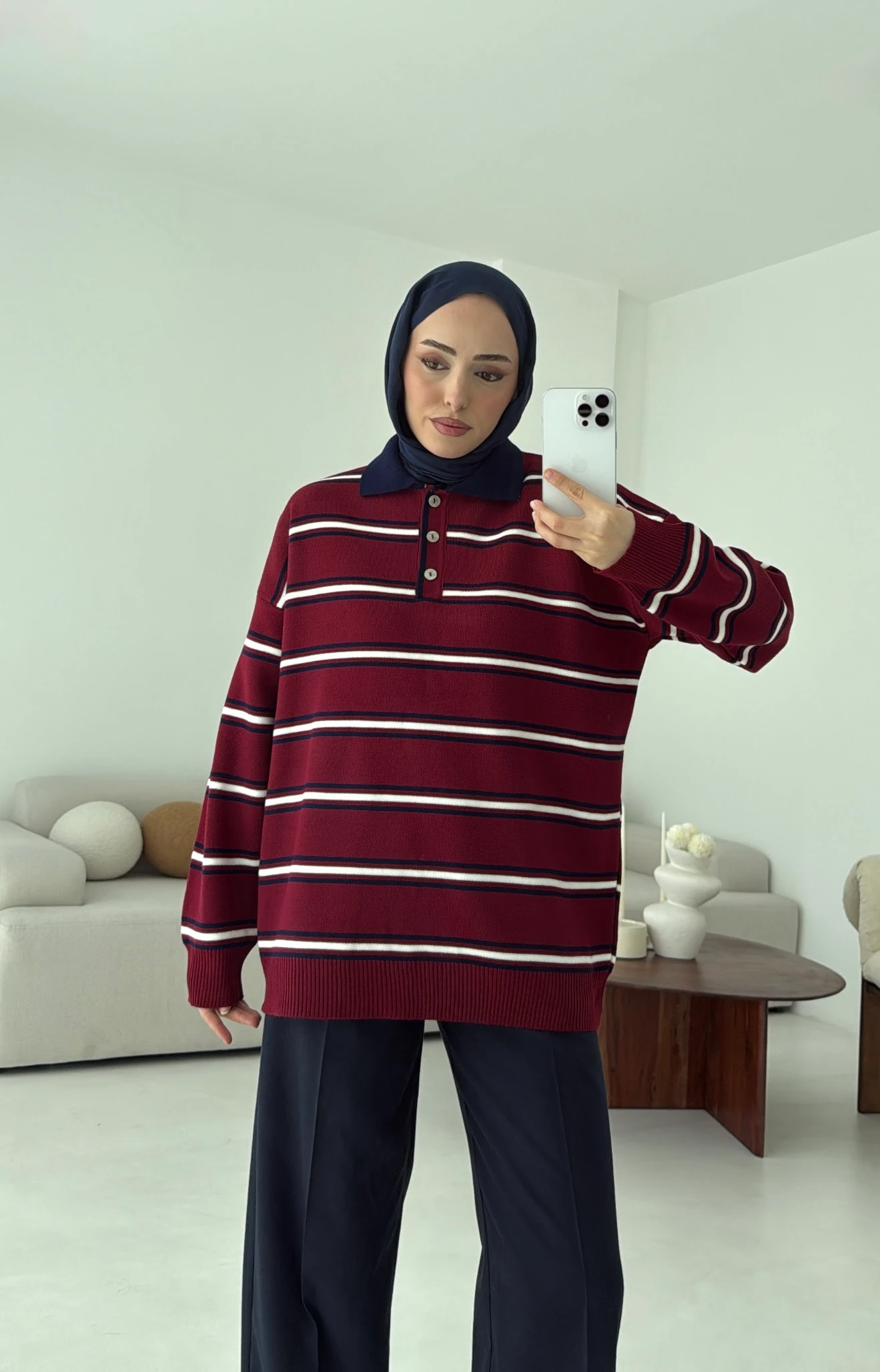 Bordo Çizgili Polo Yaka Triko Kazak