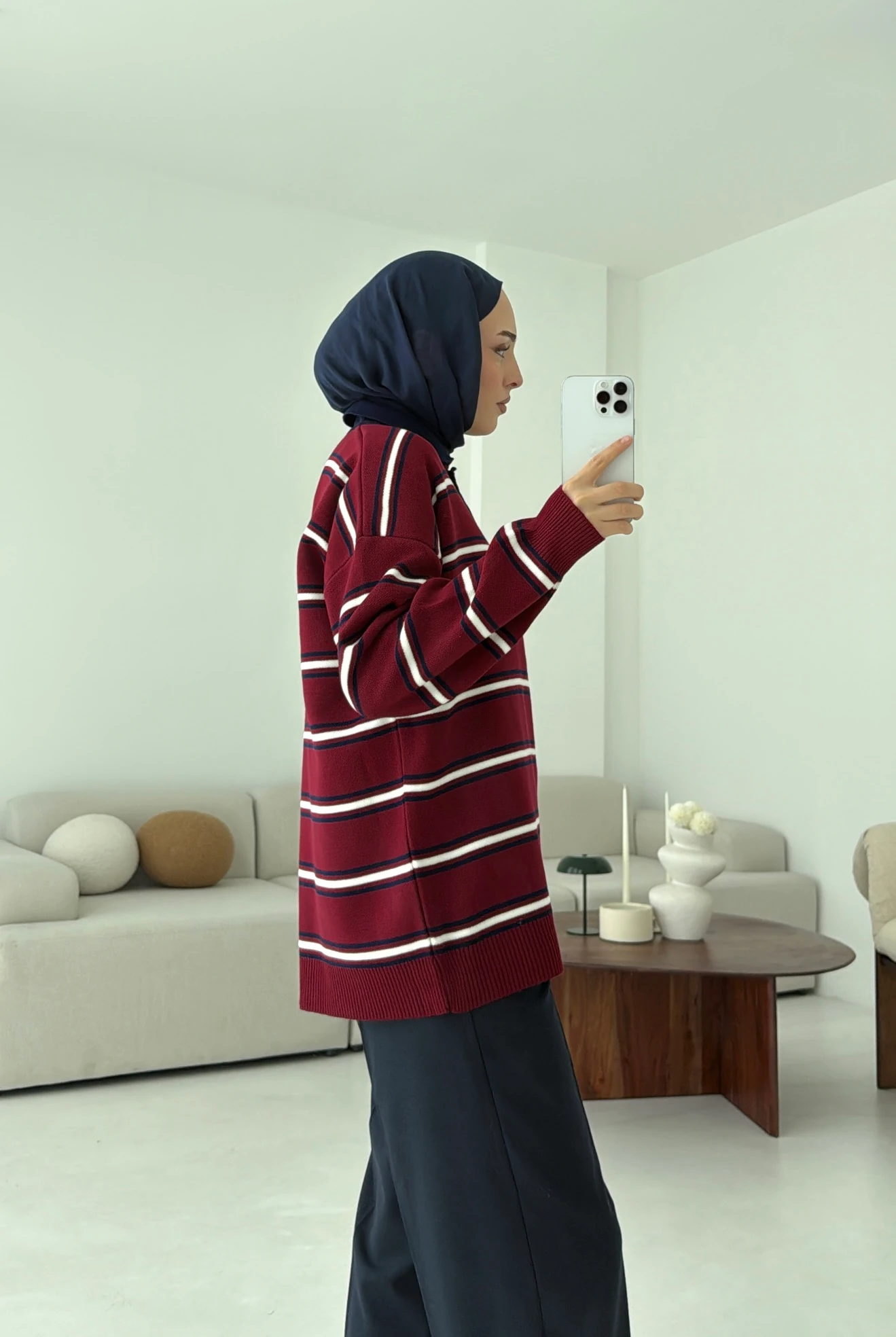 Bordo Çizgili Polo Yaka Triko Kazak