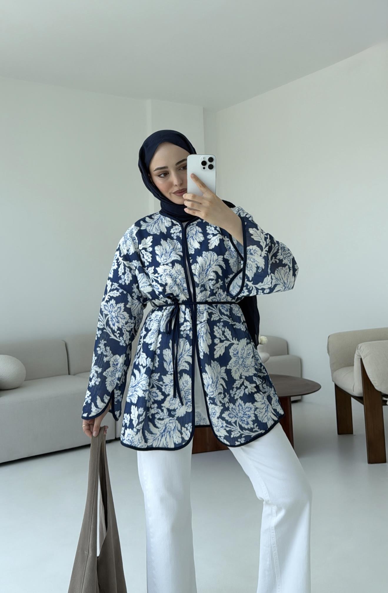 Dijital Baskılı Kimono Lacivert