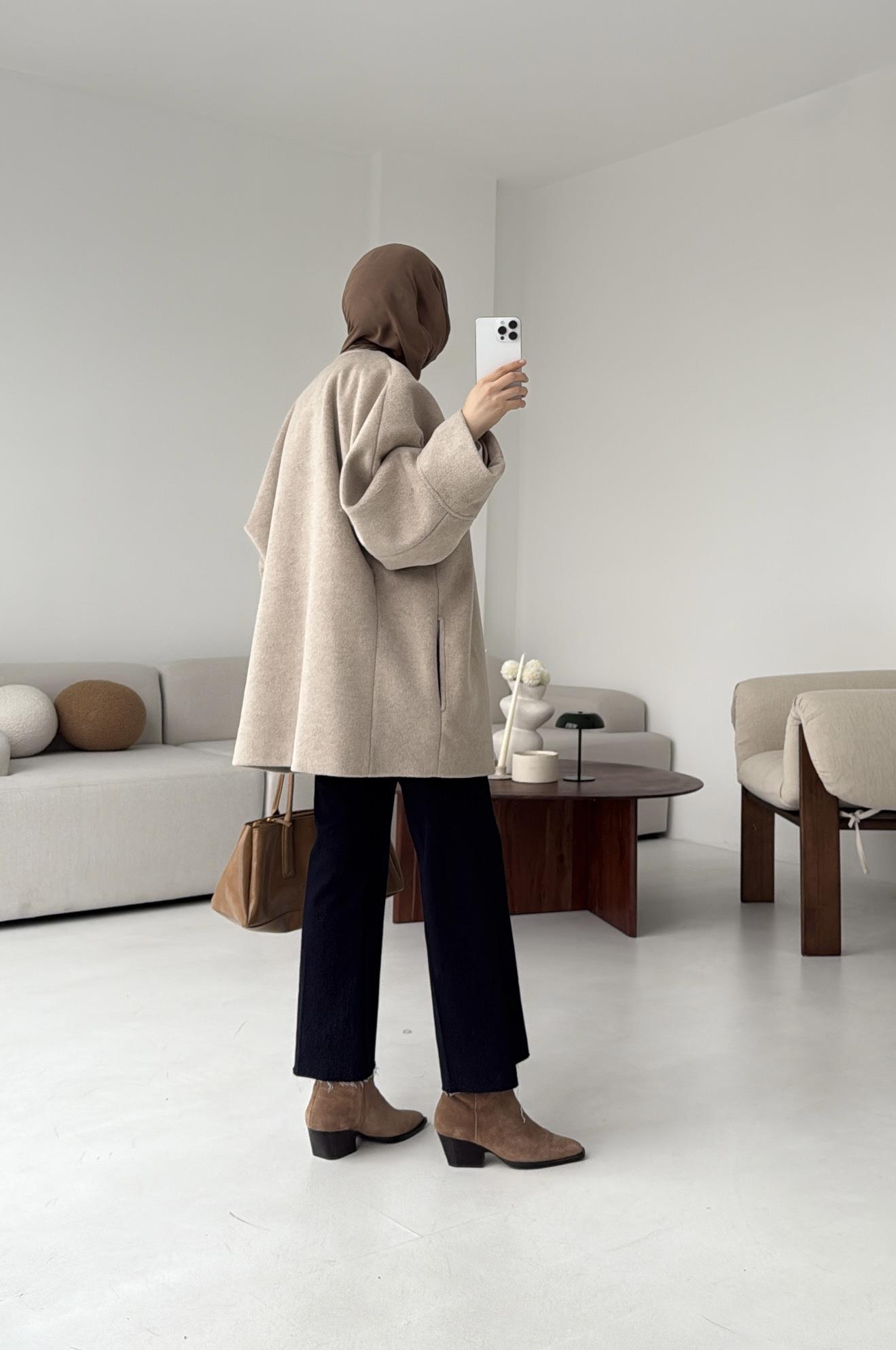 Premium Kuşaklı Kaşe Kaban Vizon