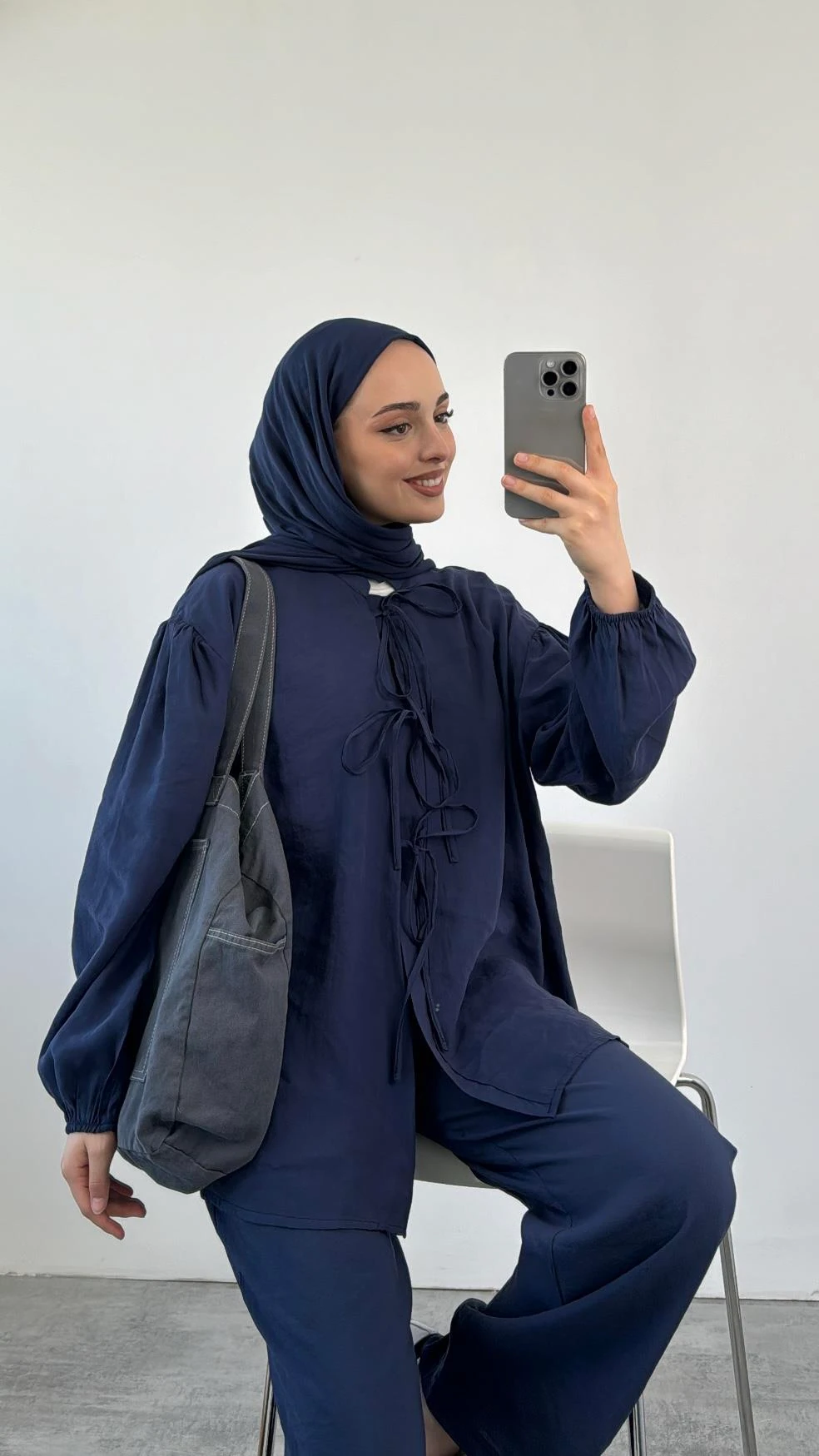 Tencel Önden Bağlamalı Kimonolu Takım Lacivert