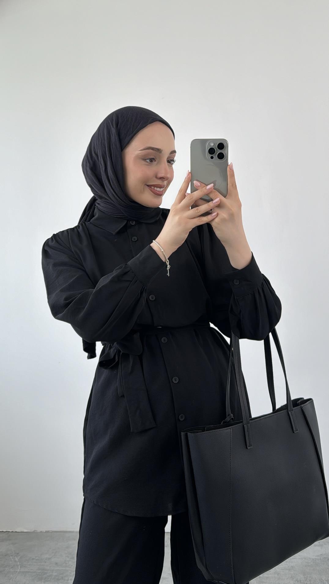 Krep Bağlamalı Gömlekli Takım Siyah