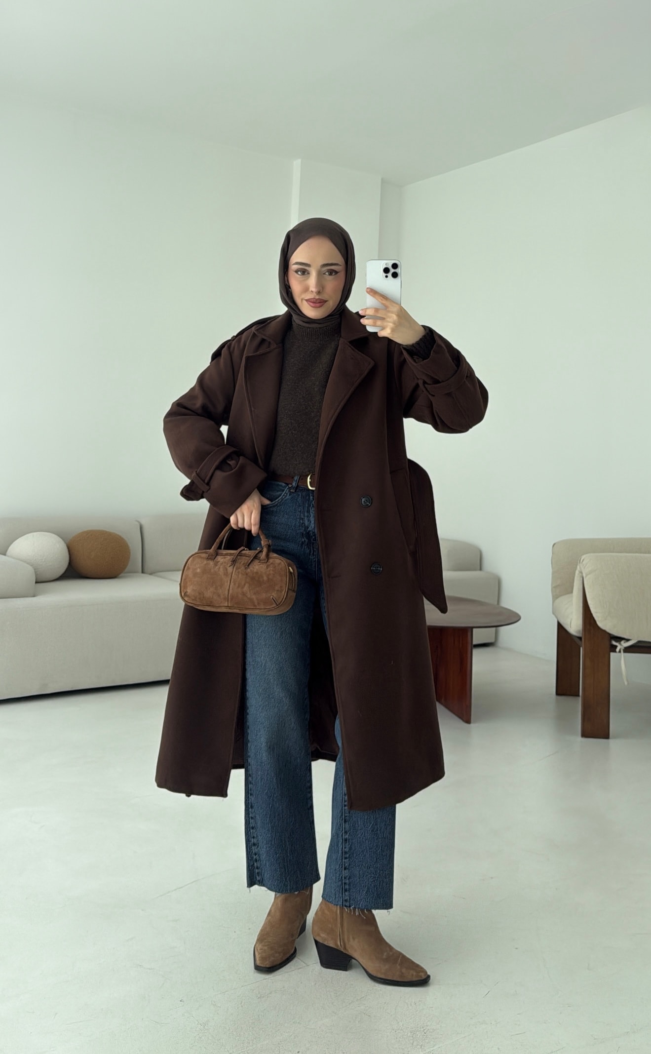 Premium Uzun Kaşe Kaban Kahve