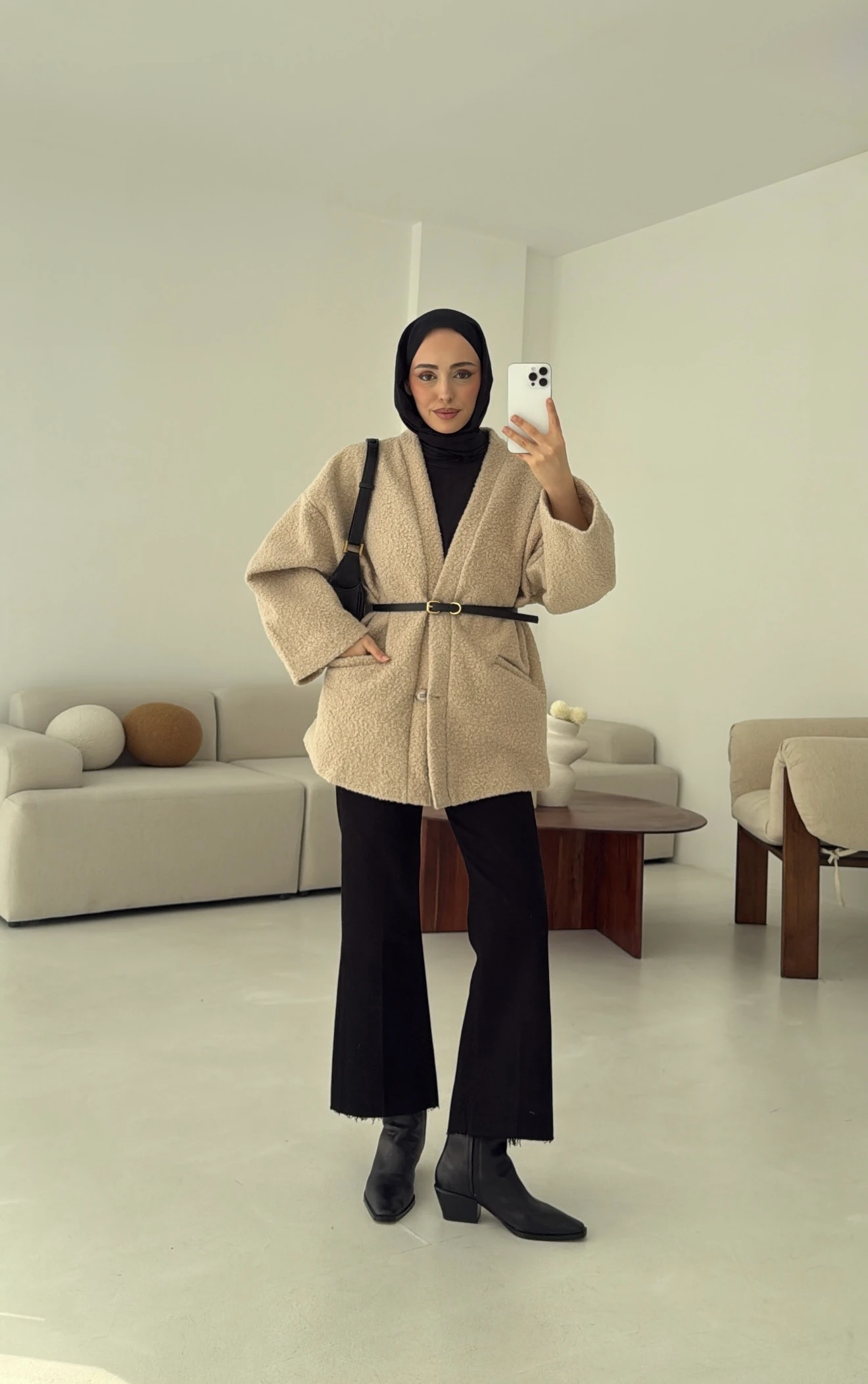 Kemerli Buklet Ceket Bej