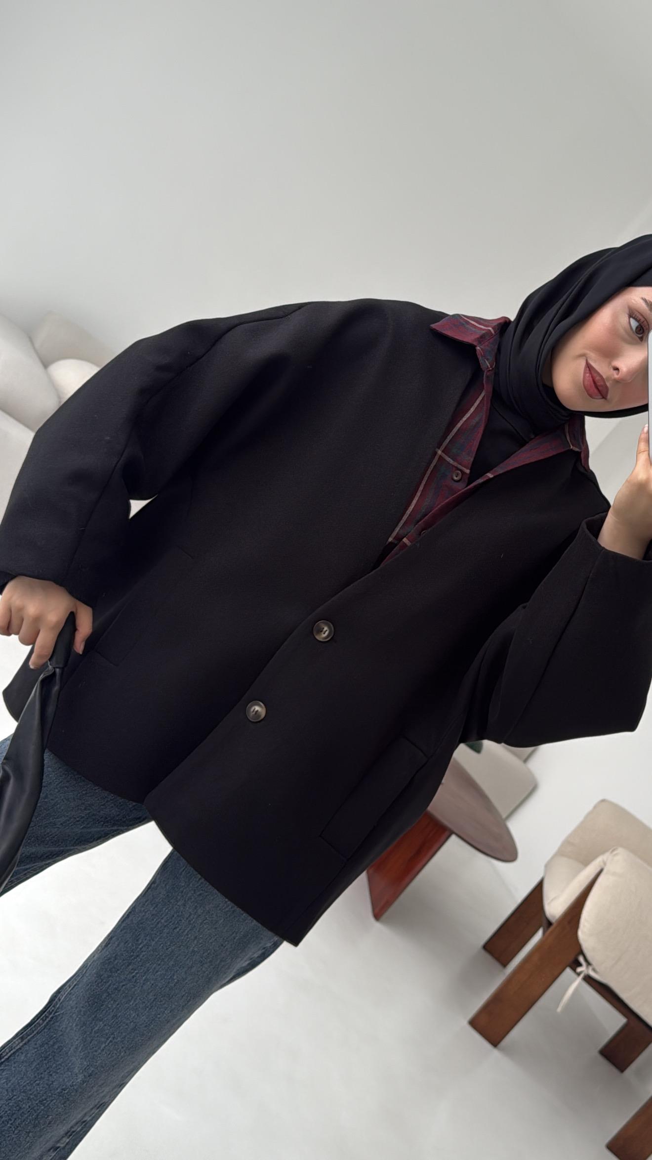 Soft Oversize Kaşe Kaban Siyah