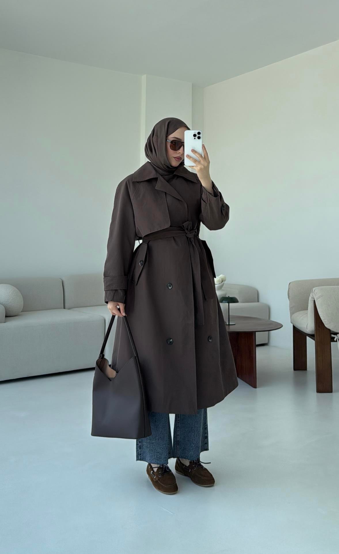 Kuşaklı Premium Trençkot Kahve