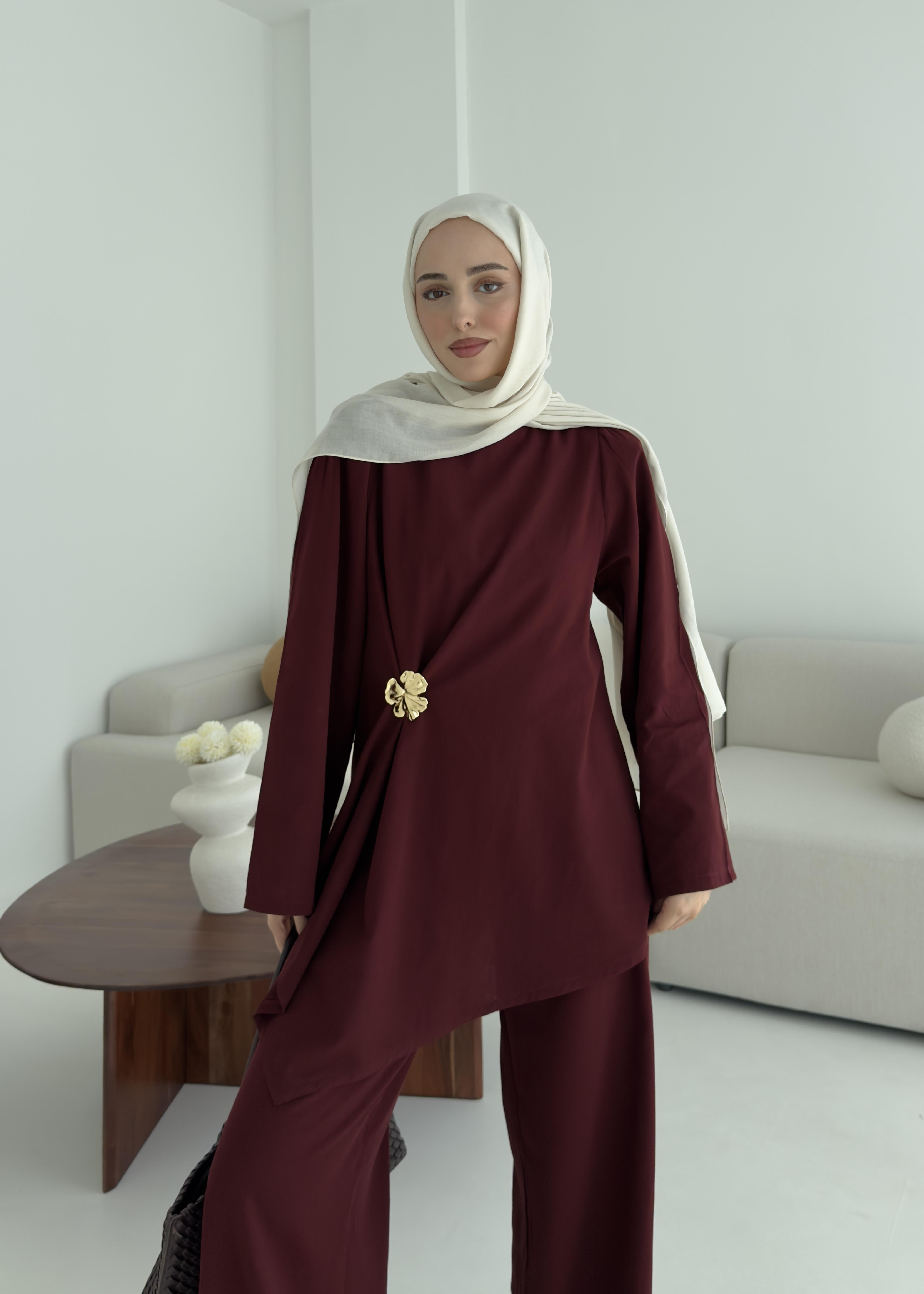 Broş Detay Bluz Takım Bordo