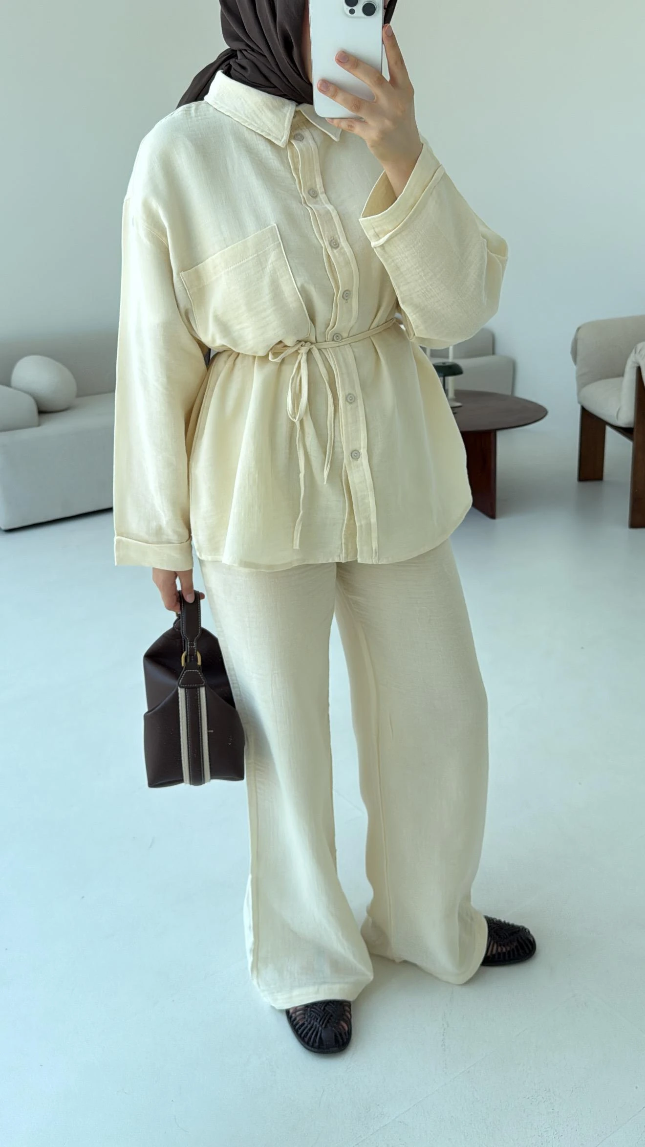 Müslin Pantolon Takım Bej