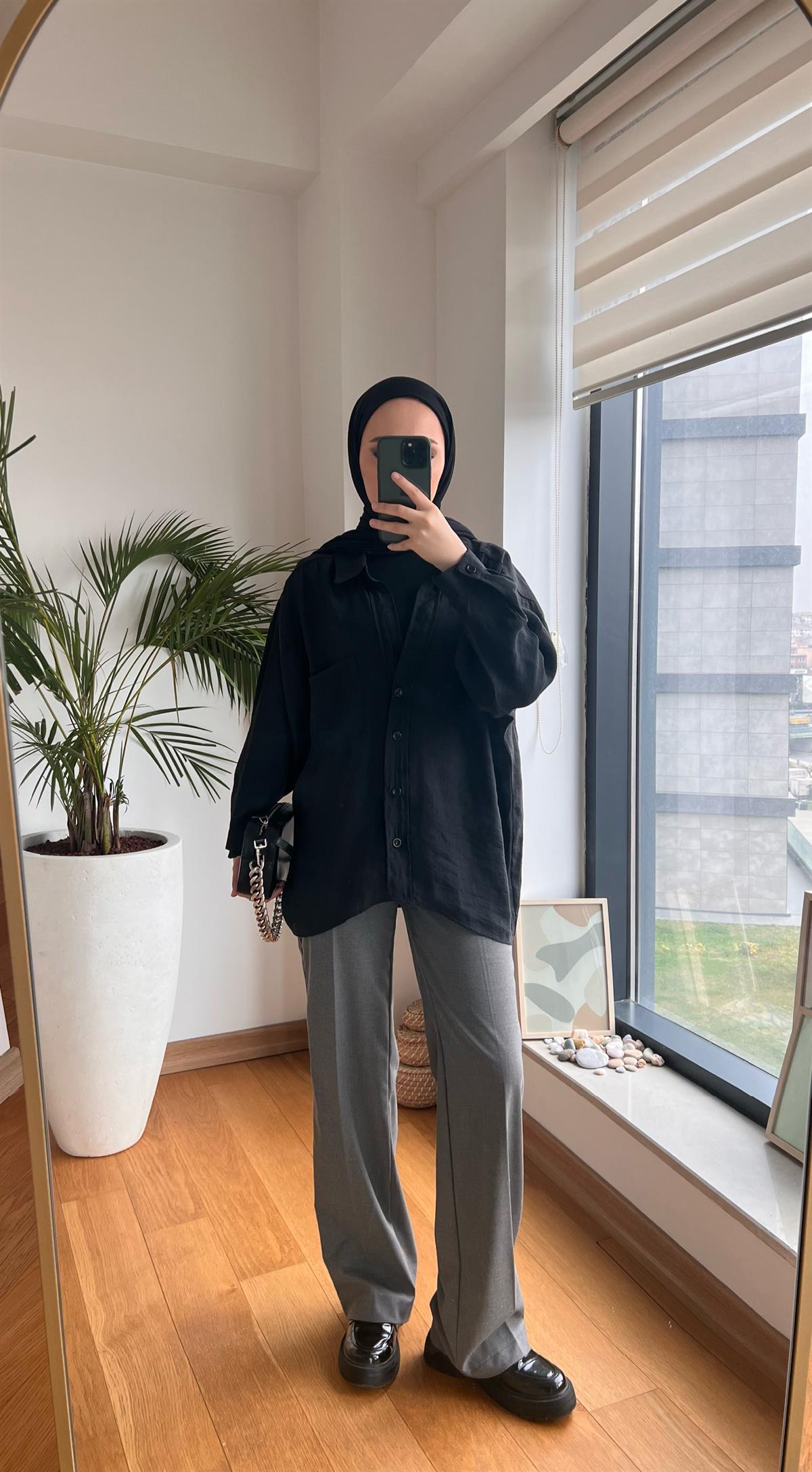 Oversize Pamuk Saten Gömlek Siyah